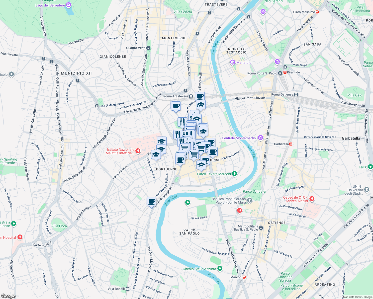 map of restaurants, bars, coffee shops, grocery stores, and more near 69 Via Giuseppe Veronese in Roma