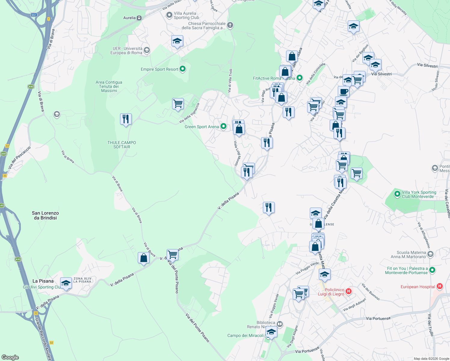 map of restaurants, bars, coffee shops, grocery stores, and more near 1-25 Viale Luigi Moretti in Rome