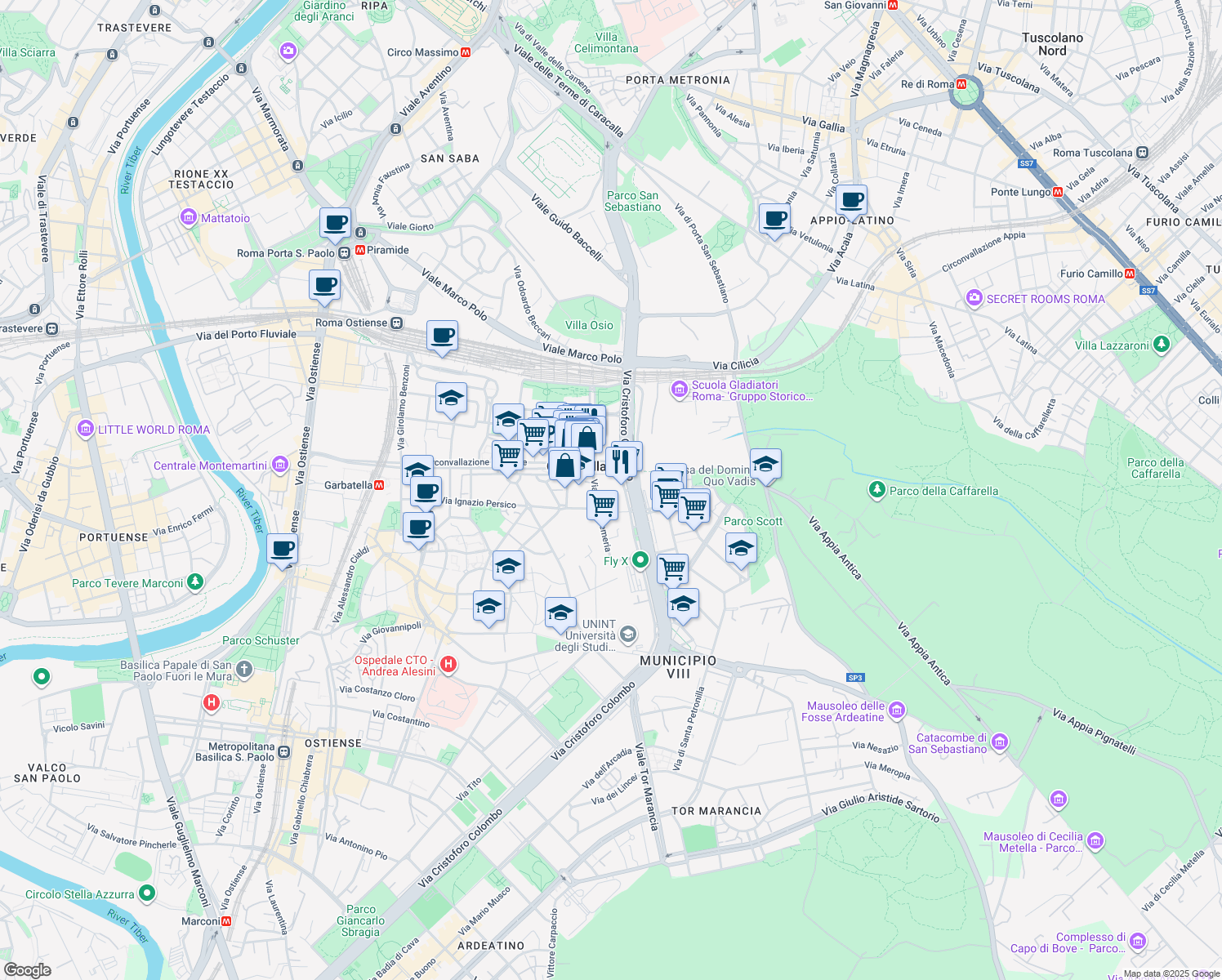 map of restaurants, bars, coffee shops, grocery stores, and more near 90 Via Cristoforo Colombo in Roma