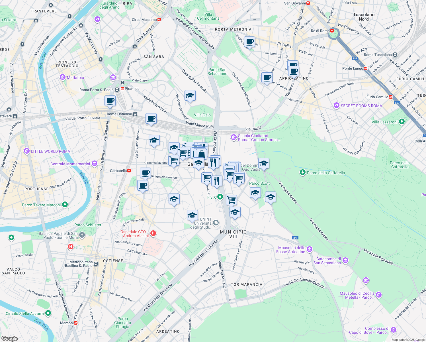 map of restaurants, bars, coffee shops, grocery stores, and more near 90 Via Cristoforo Colombo in Roma