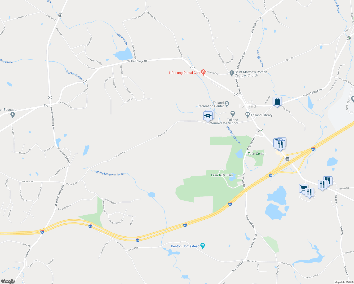 map of restaurants, bars, coffee shops, grocery stores, and more near 217 Old Post Road in Tolland