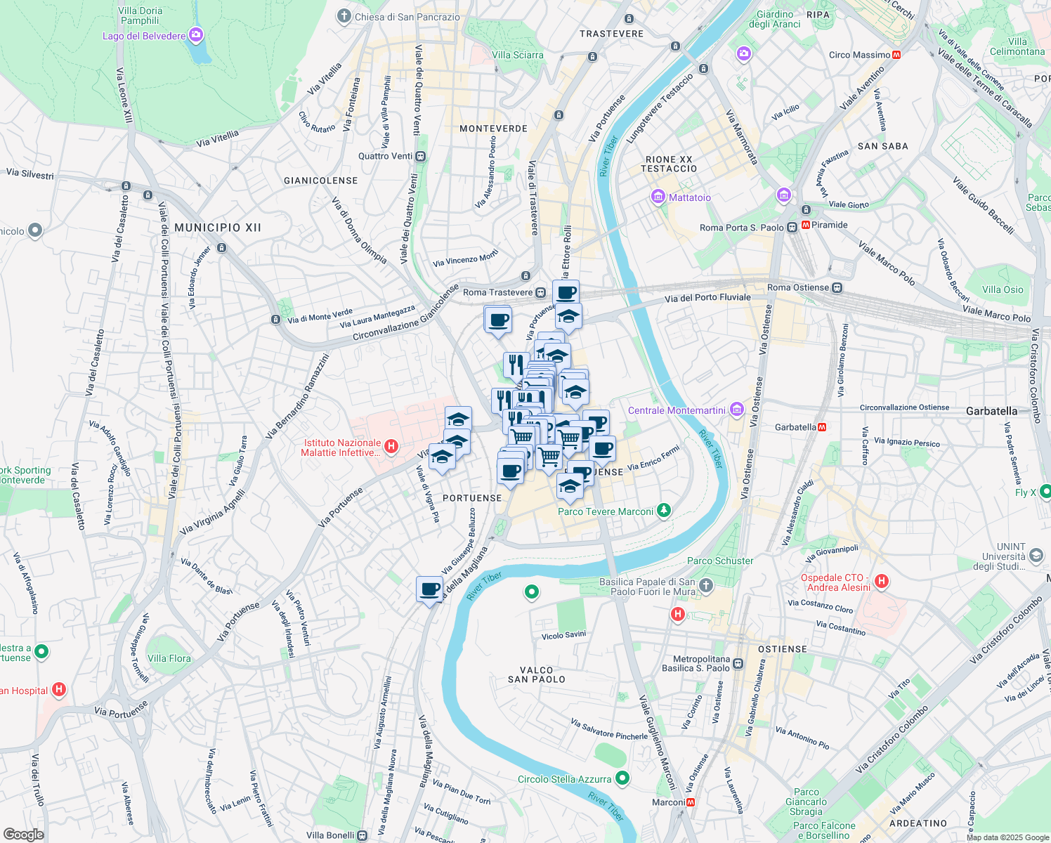 map of restaurants, bars, coffee shops, grocery stores, and more near 41-69 Via Giuseppe Veronese in Rome