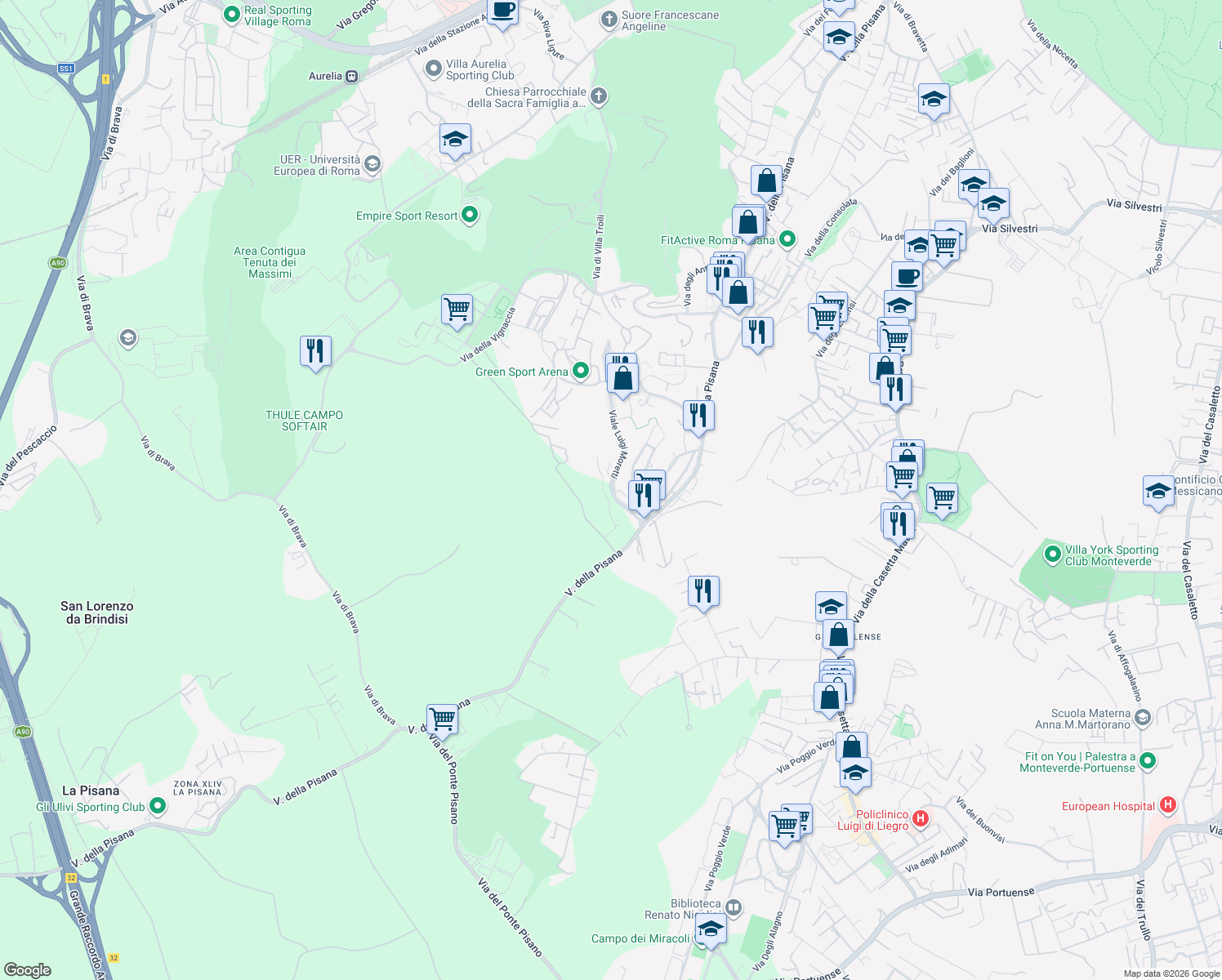 map of restaurants, bars, coffee shops, grocery stores, and more near 25 Viale Luigi Moretti in Città metropolitana di Roma Capitale