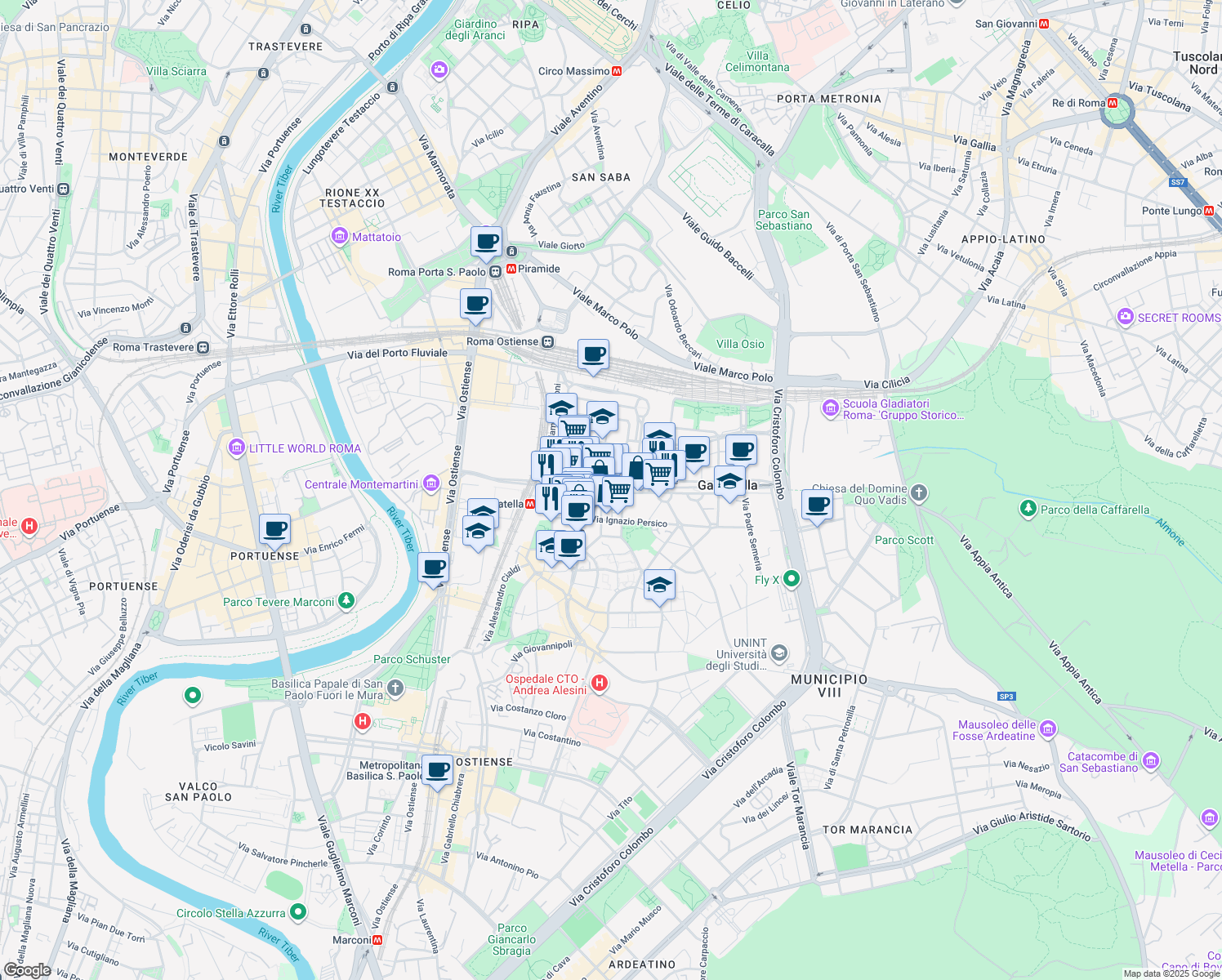 map of restaurants, bars, coffee shops, grocery stores, and more near 186 Circonvallazione Ostiense in Rome