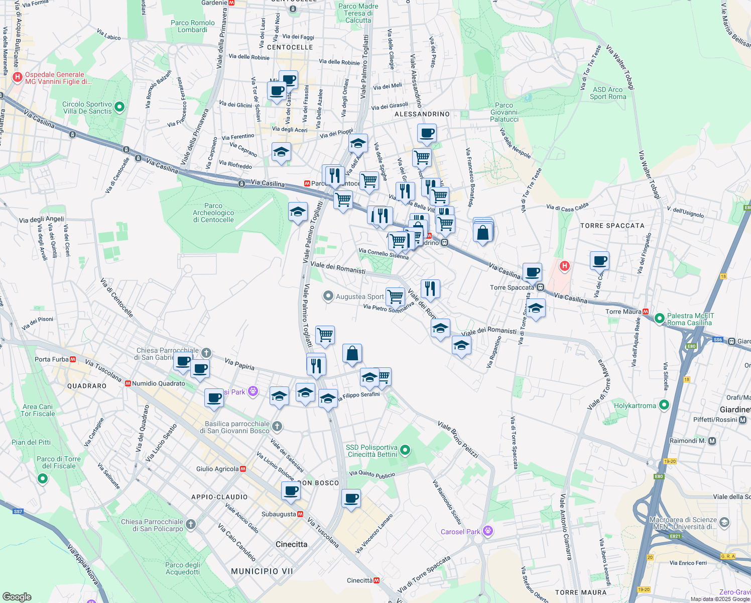 map of restaurants, bars, coffee shops, grocery stores, and more near 9 Via Giggi Pea in Rome