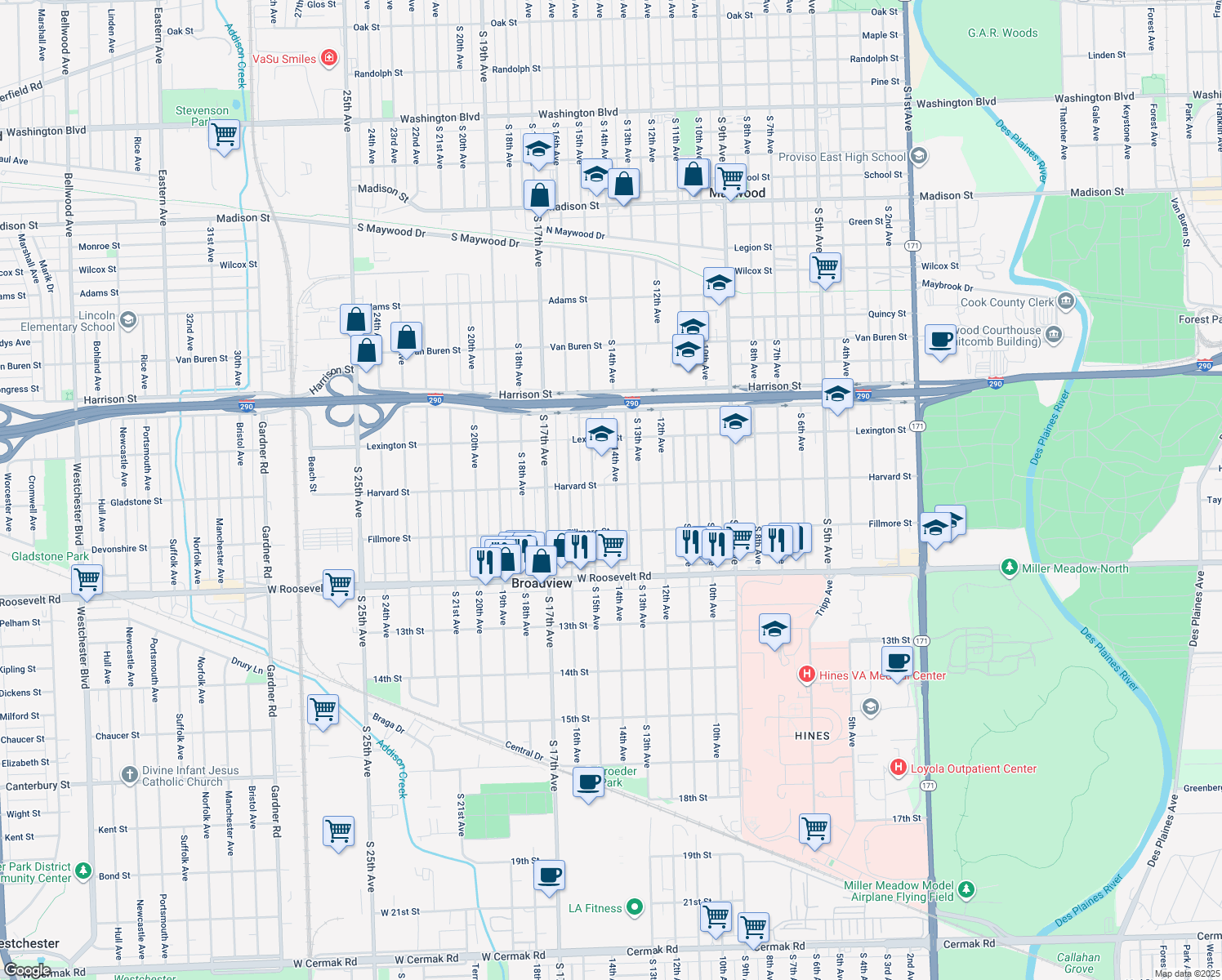 map of restaurants, bars, coffee shops, grocery stores, and more near 2002 14th Avenue in Broadview