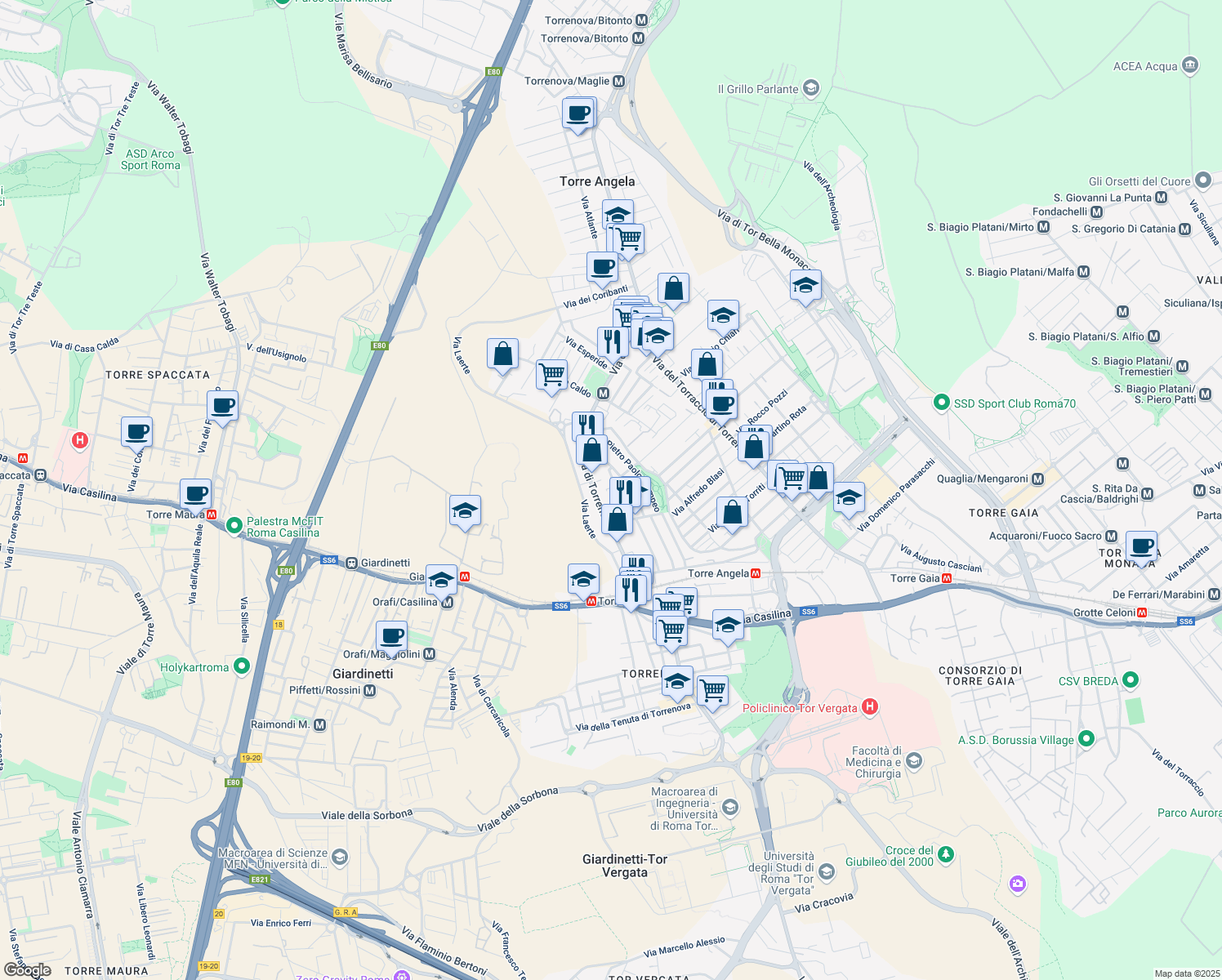 map of restaurants, bars, coffee shops, grocery stores, and more near 46 Via Vittorio Rossi in Roma