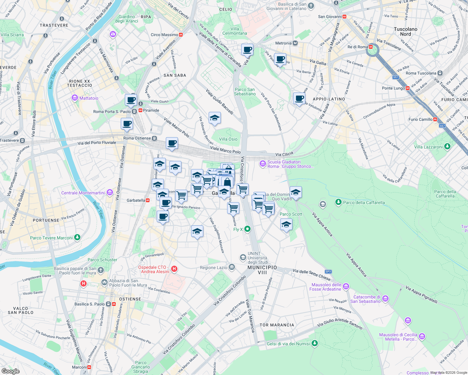 map of restaurants, bars, coffee shops, grocery stores, and more near 30 Largo Angelo Fochetti in Roma