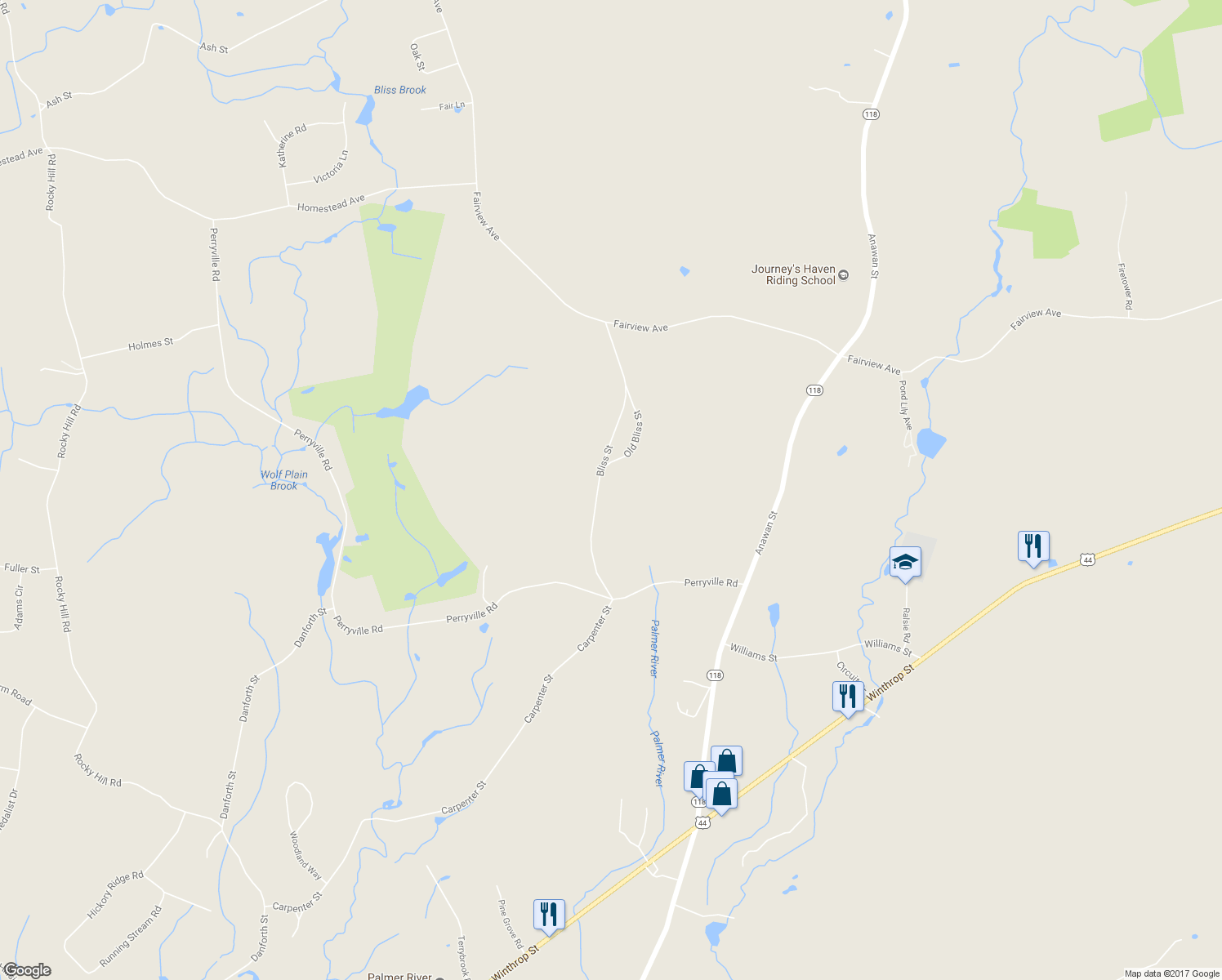 map of restaurants, bars, coffee shops, grocery stores, and more near 53 Bliss Street in Rehoboth