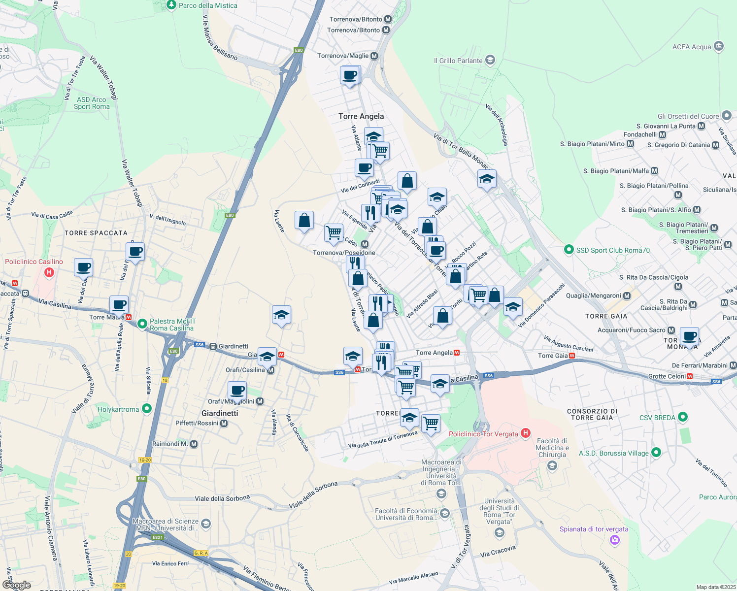 map of restaurants, bars, coffee shops, grocery stores, and more near 46 Via Vittorio Rossi in Roma