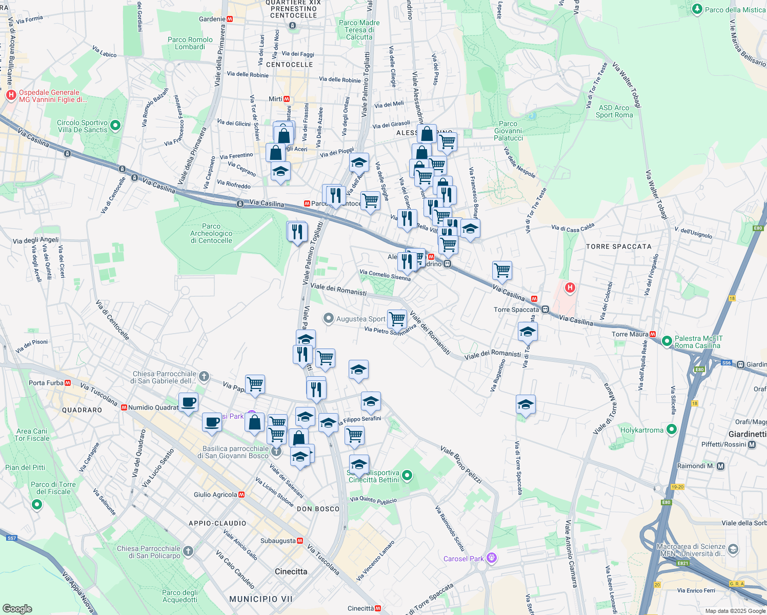 map of restaurants, bars, coffee shops, grocery stores, and more near 9 Via Giggi Pea in Roma