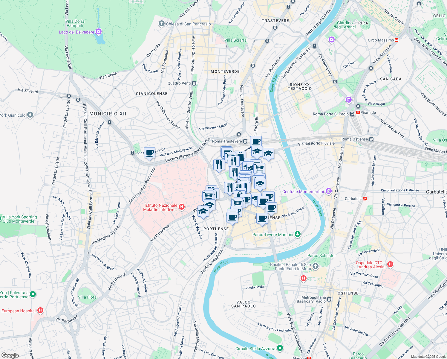 map of restaurants, bars, coffee shops, grocery stores, and more near 28 Via Pietro Teofilato in Rome