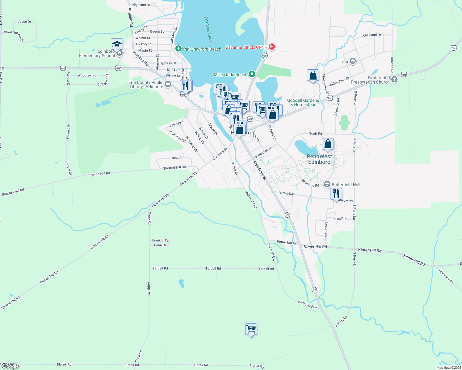 map of restaurants, bars, coffee shops, grocery stores, and more near 101 Green Oaks Drive in Edinboro