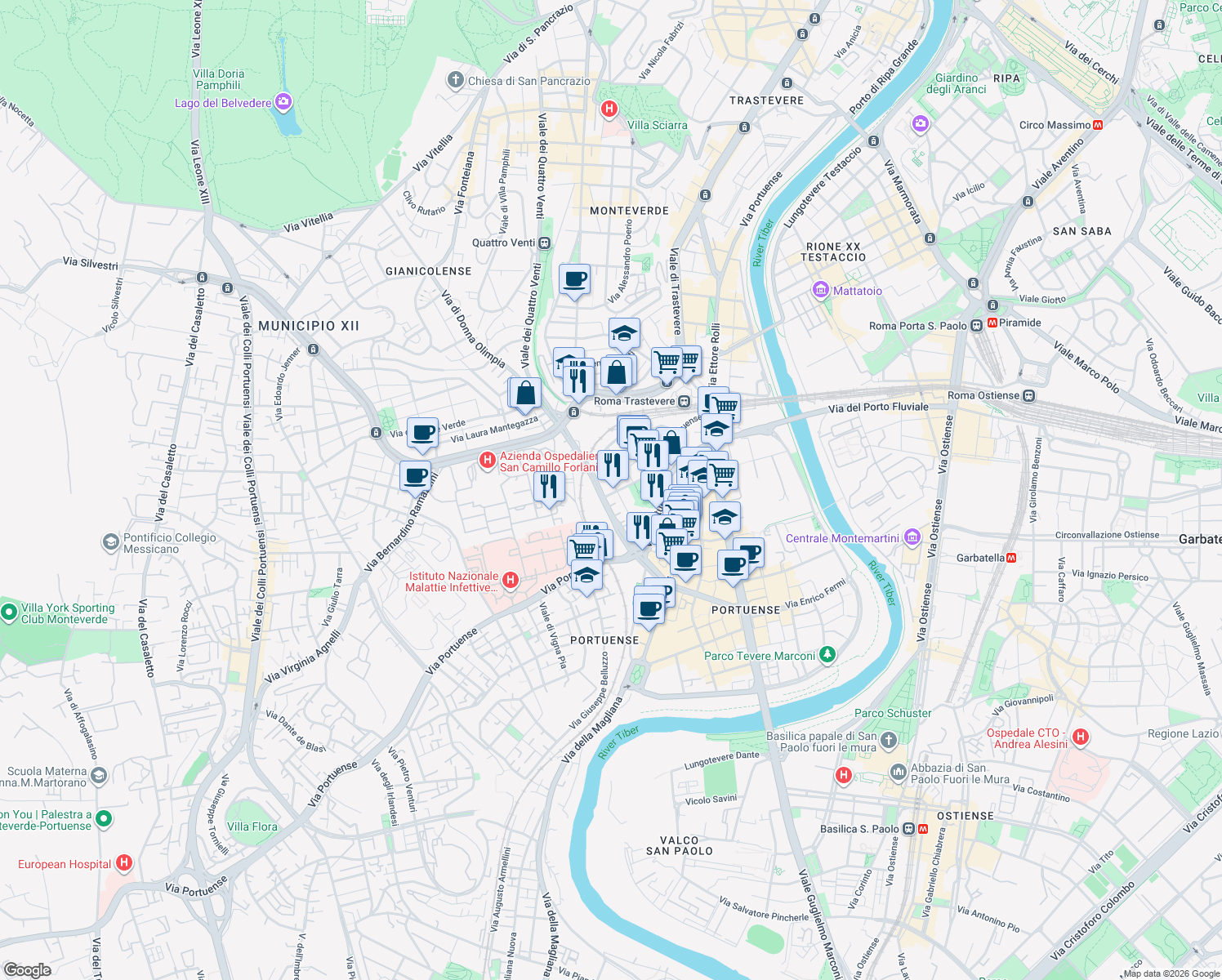 map of restaurants, bars, coffee shops, grocery stores, and more near 13 Via Giuseppe Ravizza in Roma