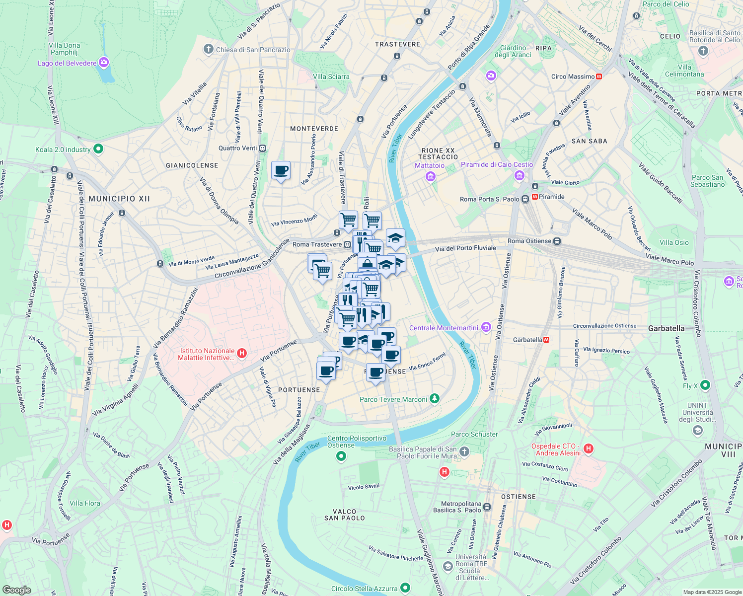 map of restaurants, bars, coffee shops, grocery stores, and more near 17 Piazza della Radio in Rome
