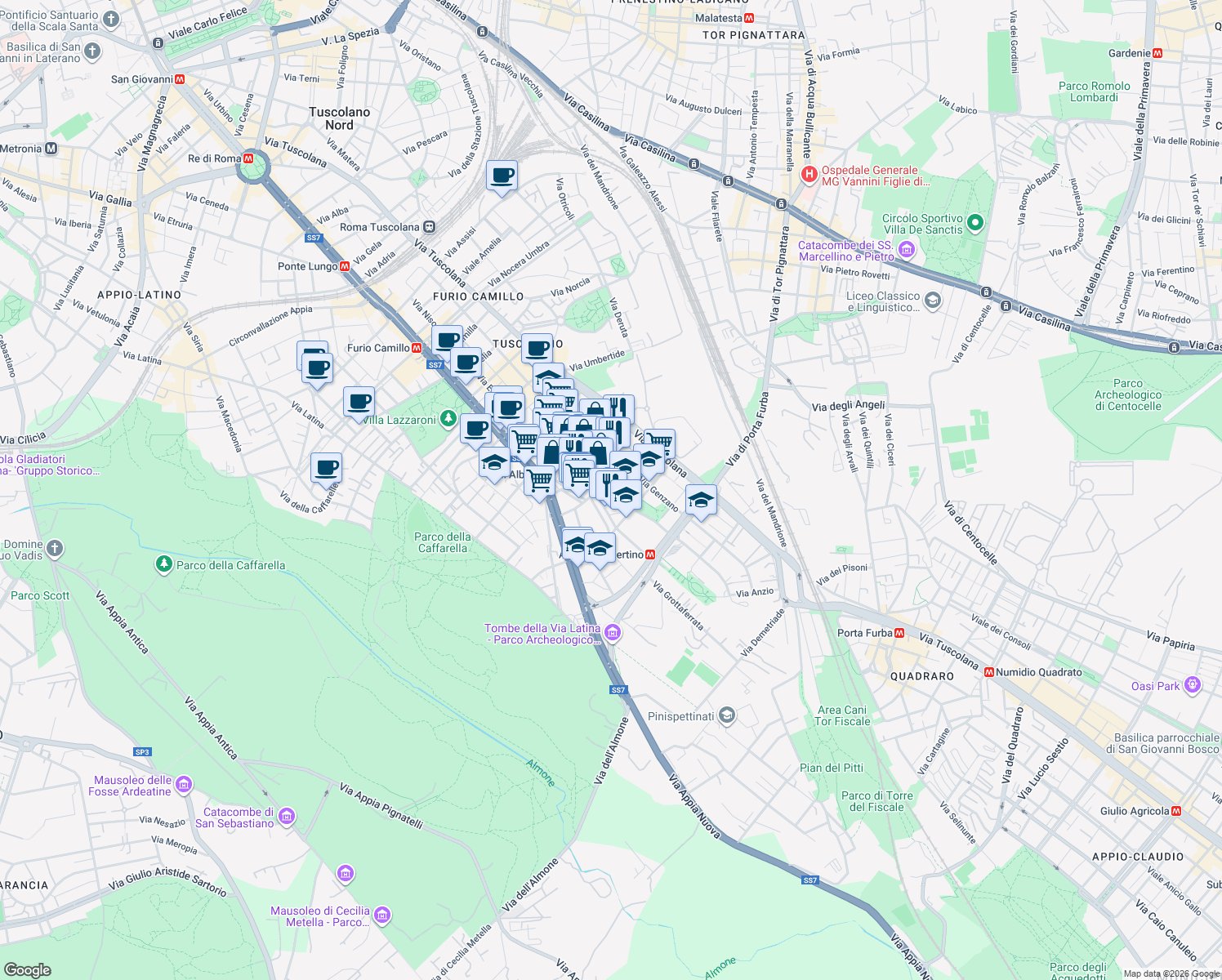 map of restaurants, bars, coffee shops, grocery stores, and more near 13 Via Acqua Donzella in Roma