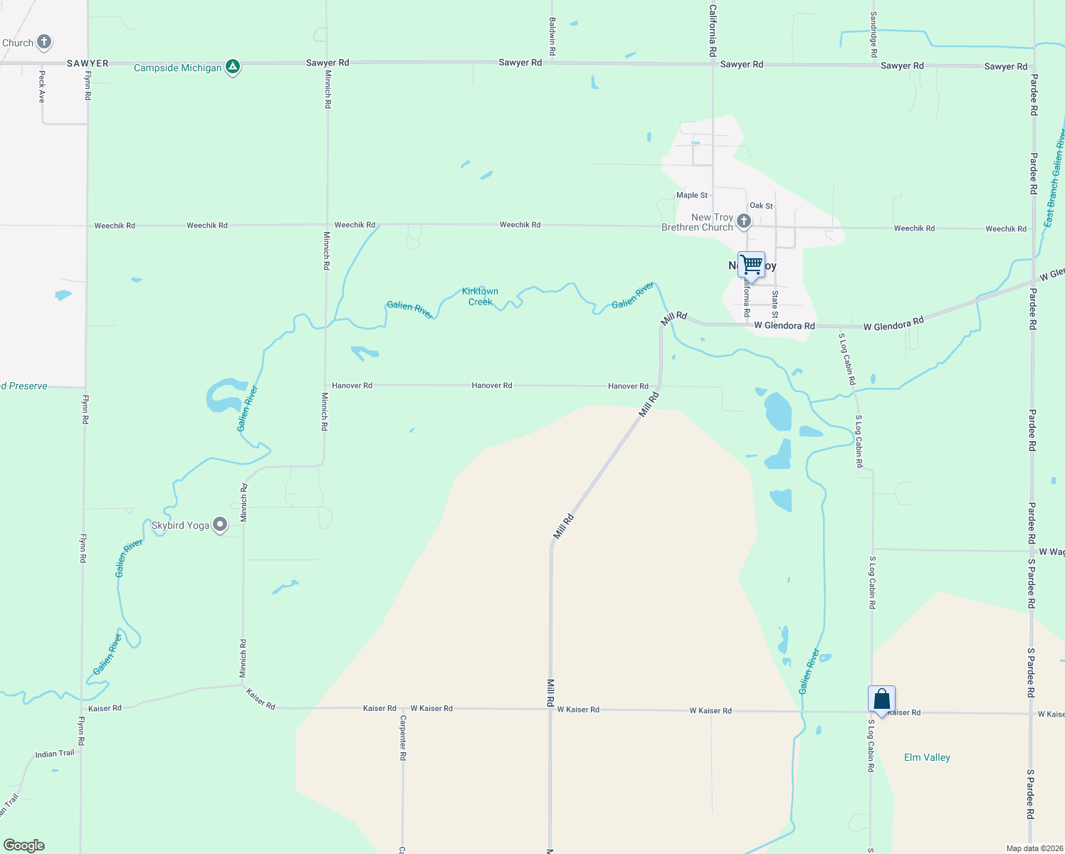 map of restaurants, bars, coffee shops, grocery stores, and more near 4574 Hanover Road in Sawyer