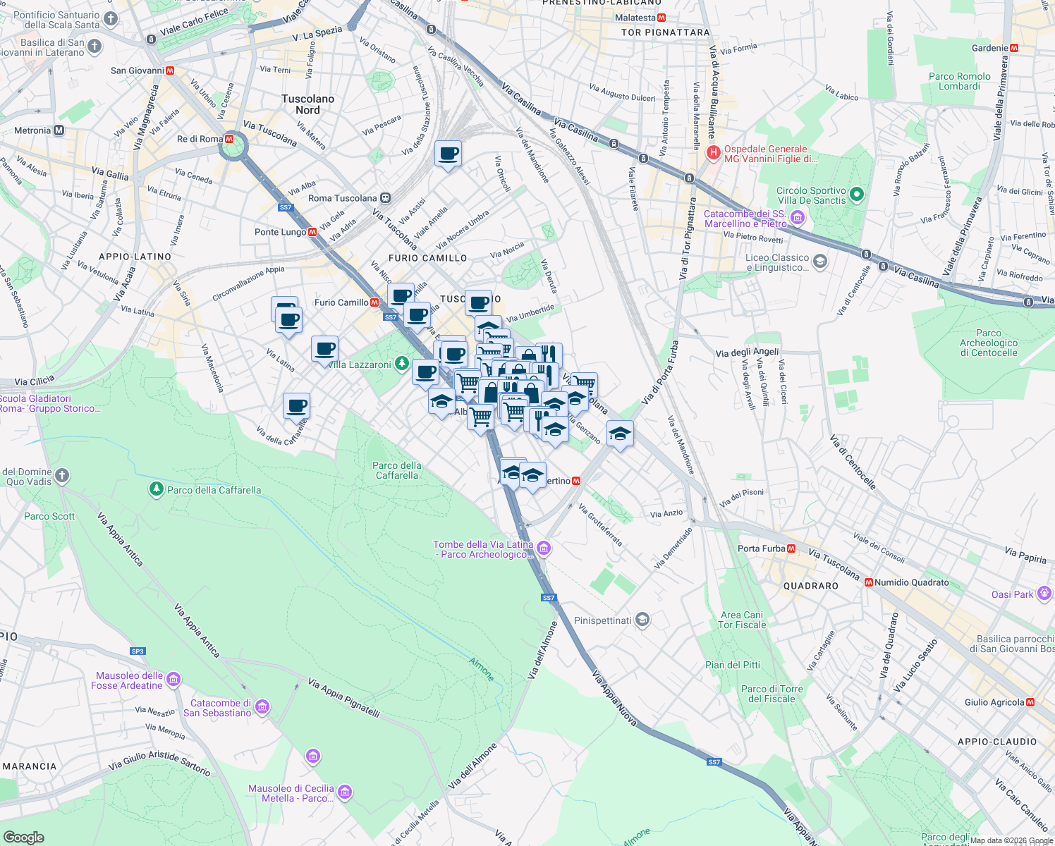 map of restaurants, bars, coffee shops, grocery stores, and more near 13-33 Via Acqua Donzella in Rome