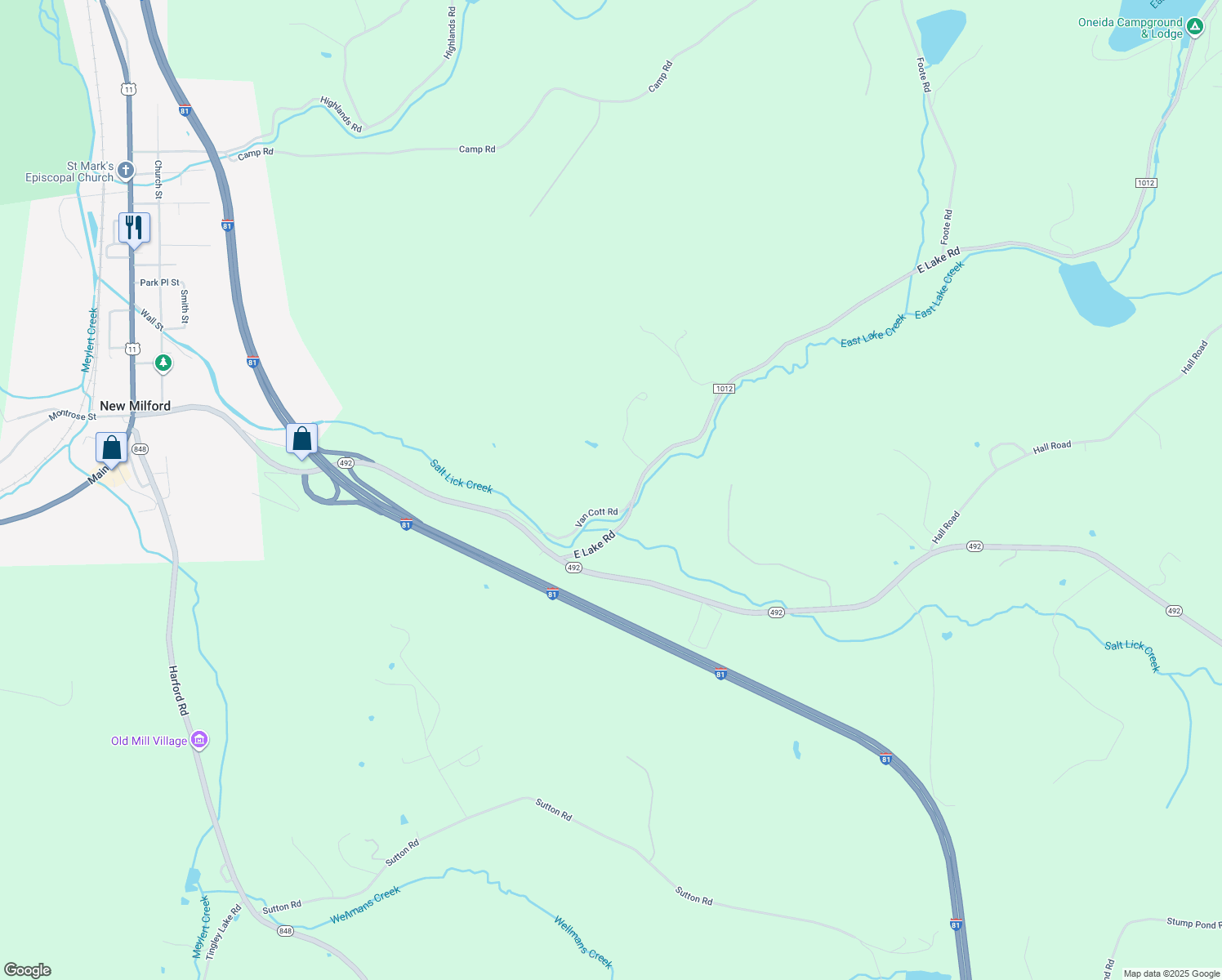 map of restaurants, bars, coffee shops, grocery stores, and more near 351 East Lake Road in New Milford
