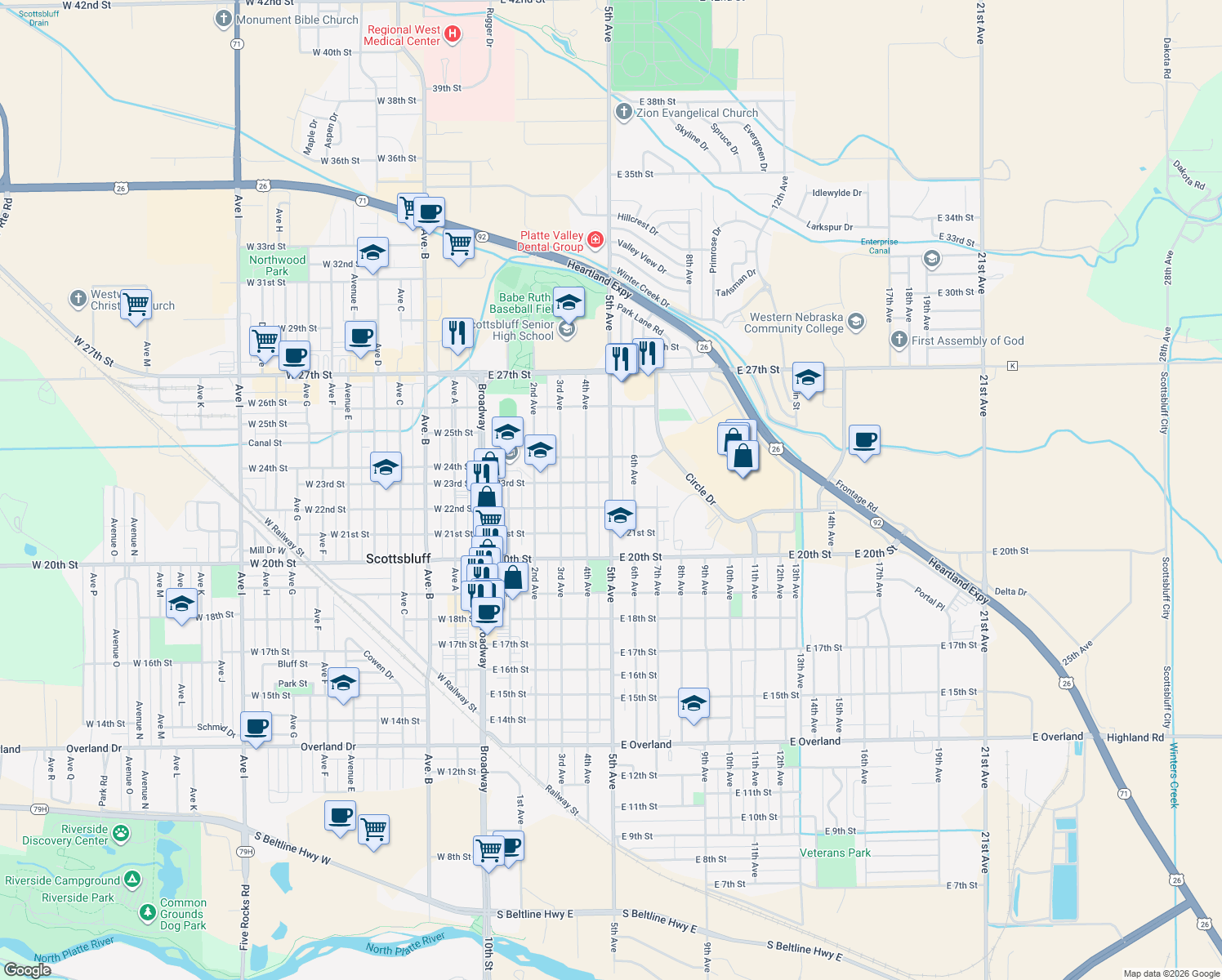 map of restaurants, bars, coffee shops, grocery stores, and more near 2219 5th Avenue in Scottsbluff