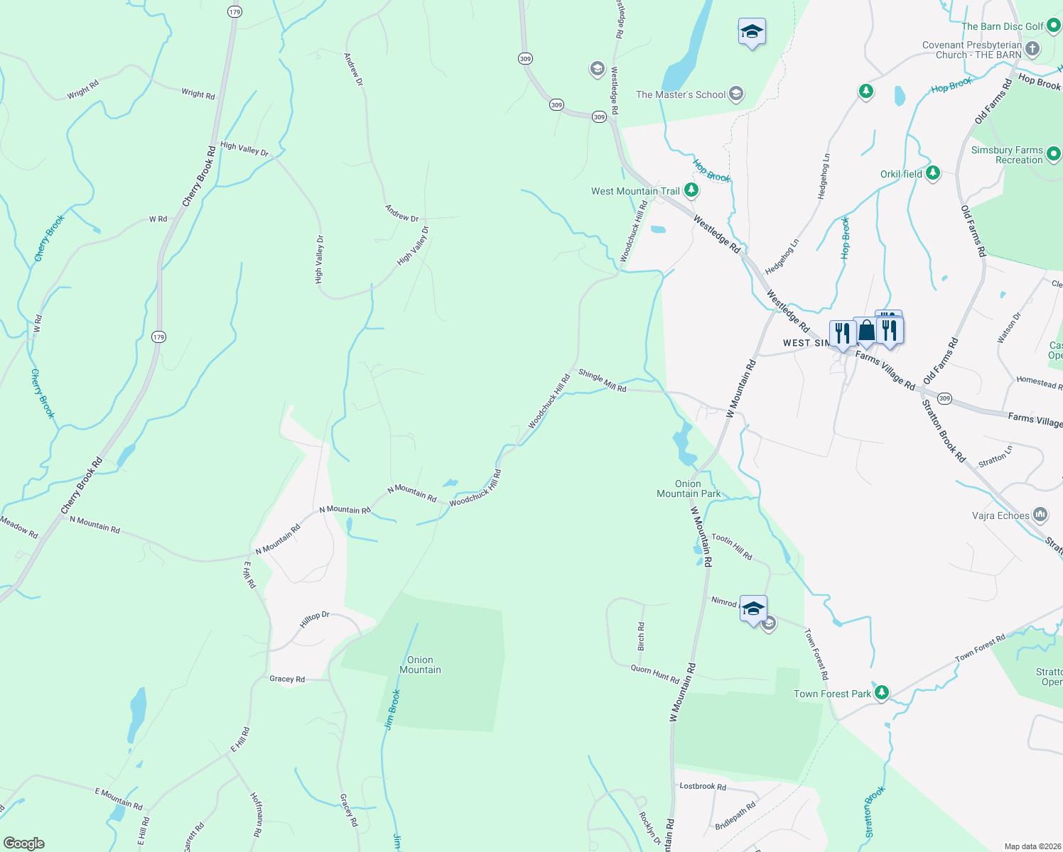 map of restaurants, bars, coffee shops, grocery stores, and more near 66 Woodchuck Hill Rd in Simsbury