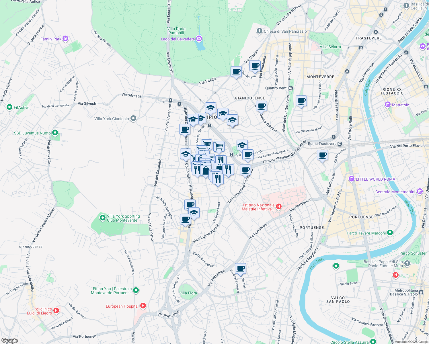 map of restaurants, bars, coffee shops, grocery stores, and more near 6 Via Francesco Datini in Rome