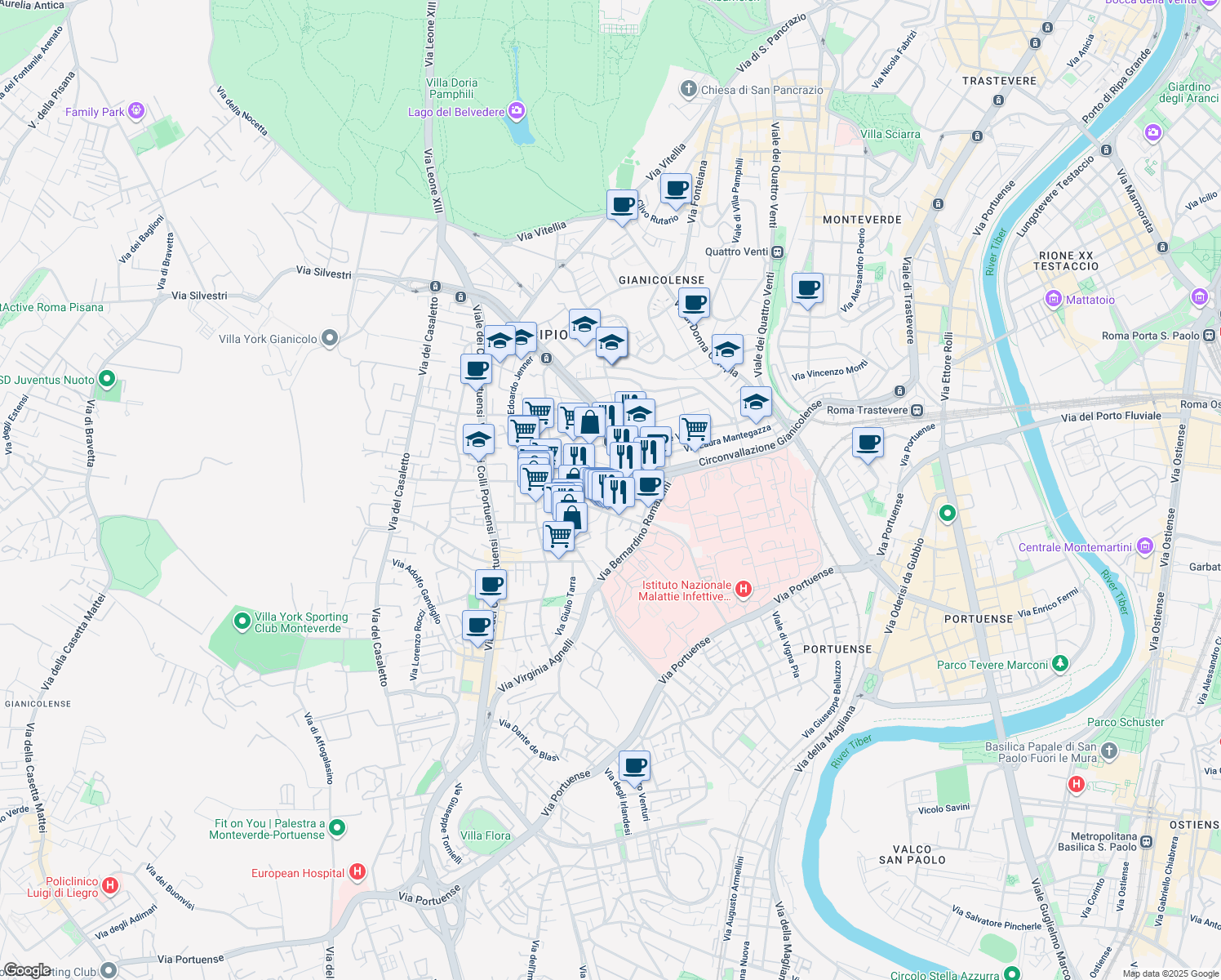 map of restaurants, bars, coffee shops, grocery stores, and more near 14 Via Pietro D'Assisi in Roma