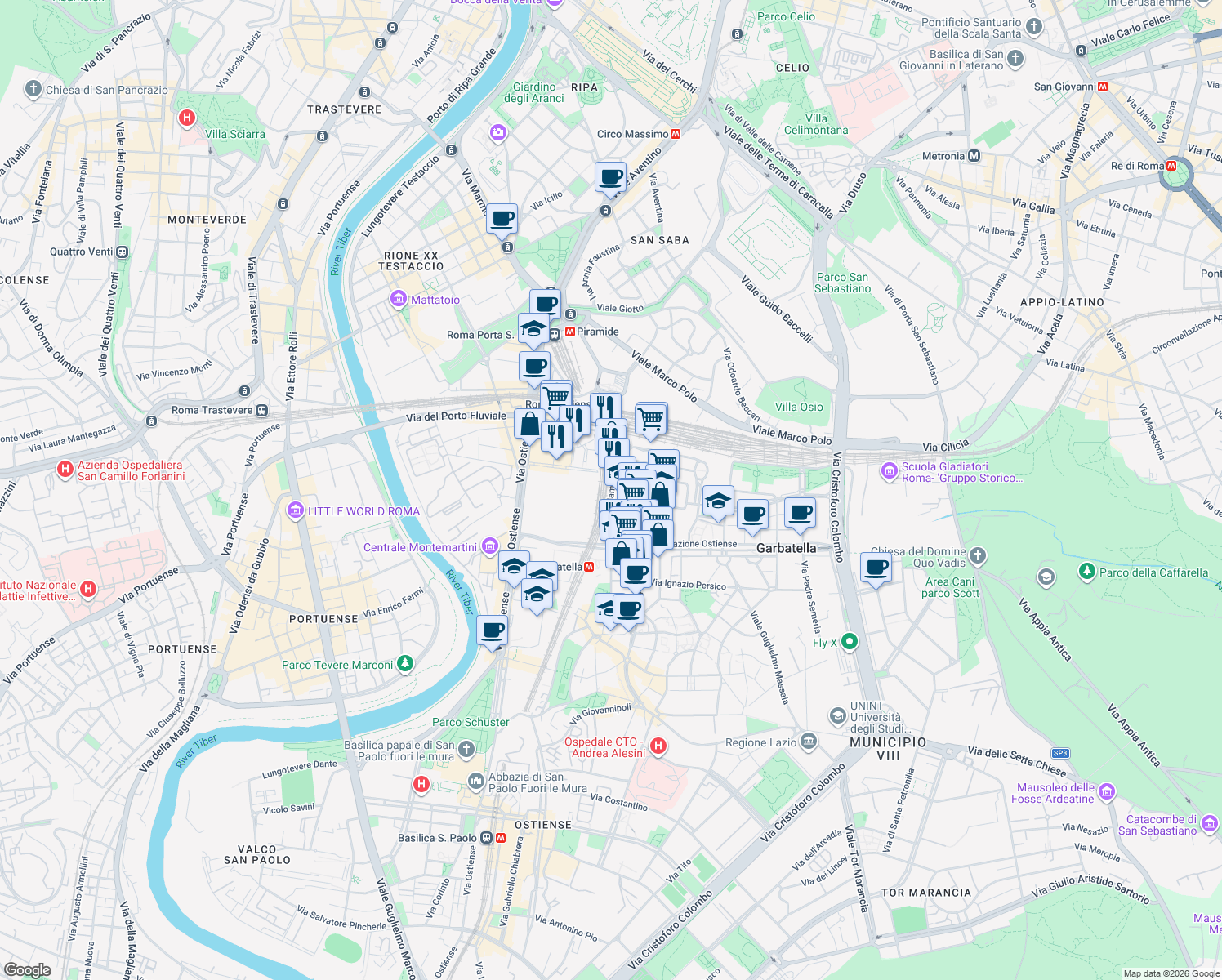 map of restaurants, bars, coffee shops, grocery stores, and more near 27 Via Girolamo Benzoni in Roma