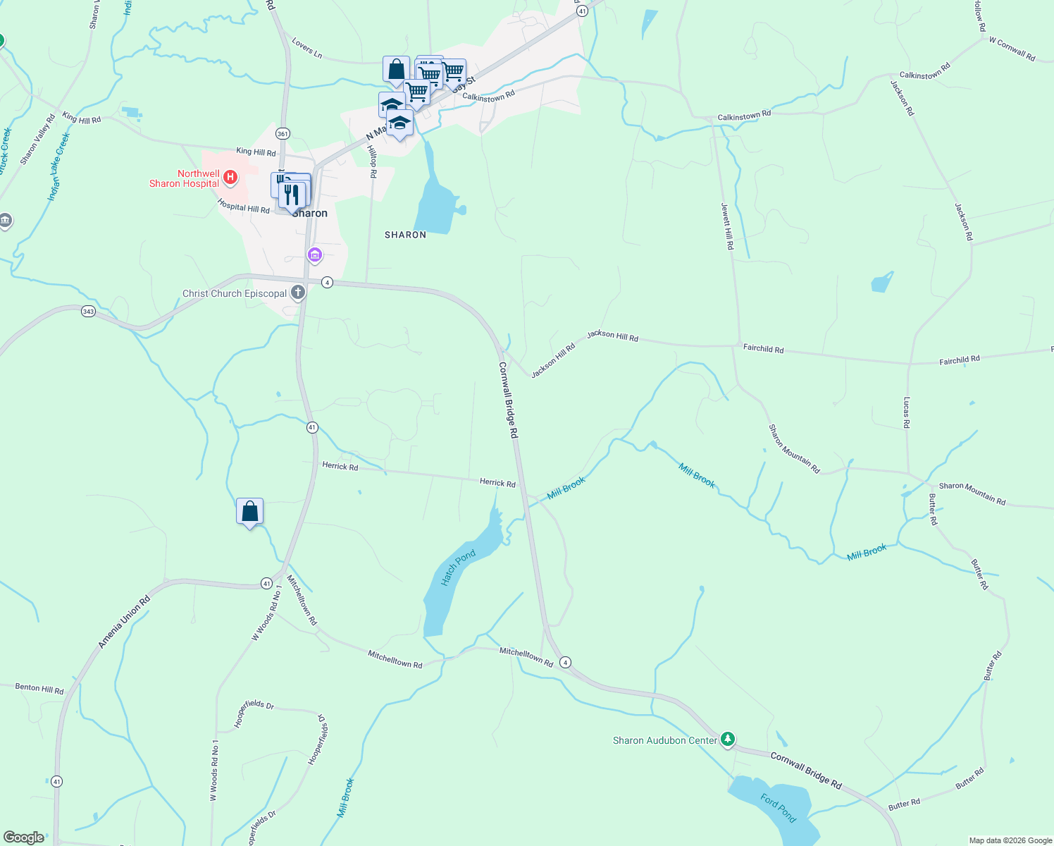 map of restaurants, bars, coffee shops, grocery stores, and more near 190 Cornwall Bridge Road in Sharon