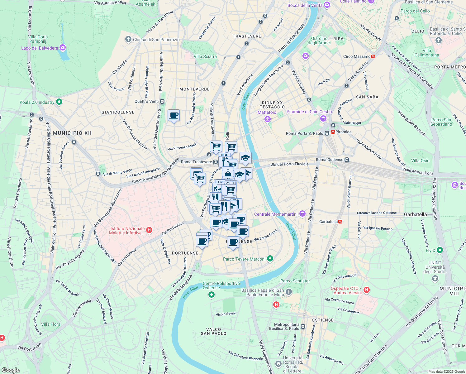 map of restaurants, bars, coffee shops, grocery stores, and more near 17 Piazza della Radio in Roma