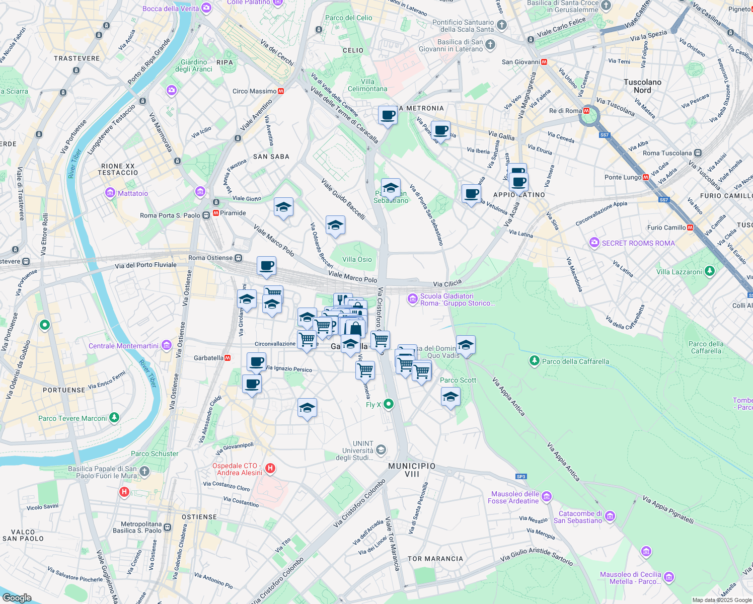 map of restaurants, bars, coffee shops, grocery stores, and more near 80 Via Cristoforo Colombo in Rome