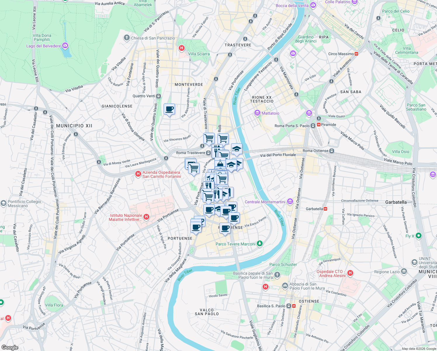 map of restaurants, bars, coffee shops, grocery stores, and more near 17 Piazza della Radio in Rome