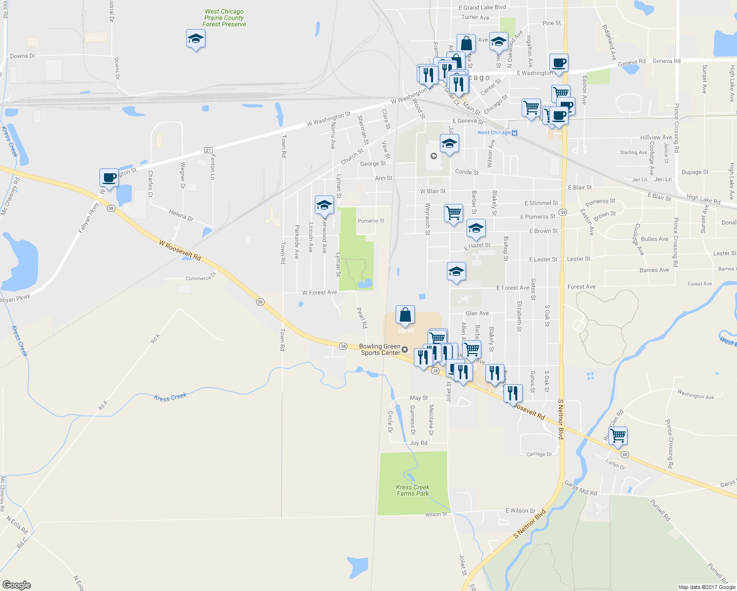 map of restaurants, bars, coffee shops, grocery stores, and more near 851 Pearl Road in West Chicago