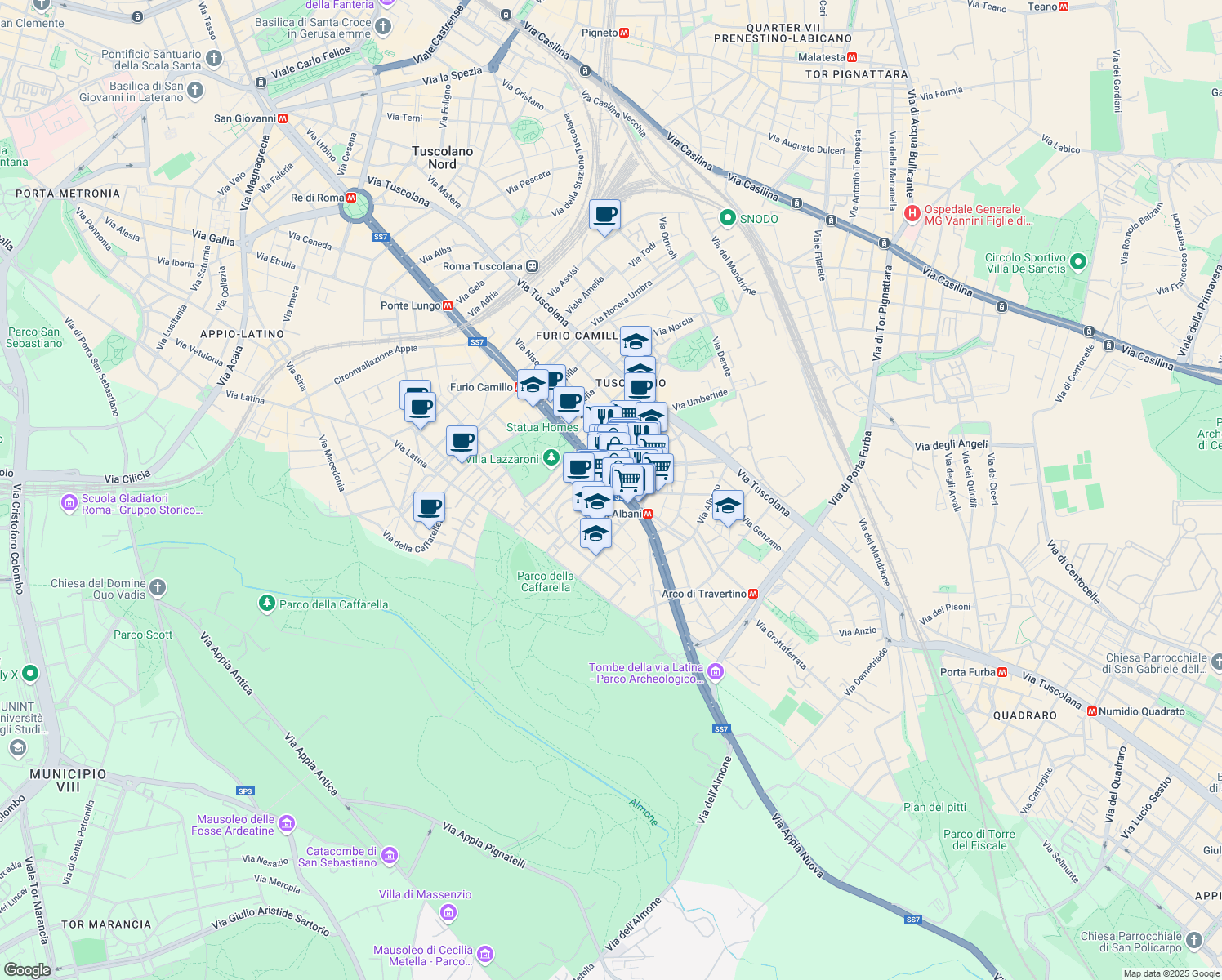 map of restaurants, bars, coffee shops, grocery stores, and more near 566A Via Appia Nuova in Rome