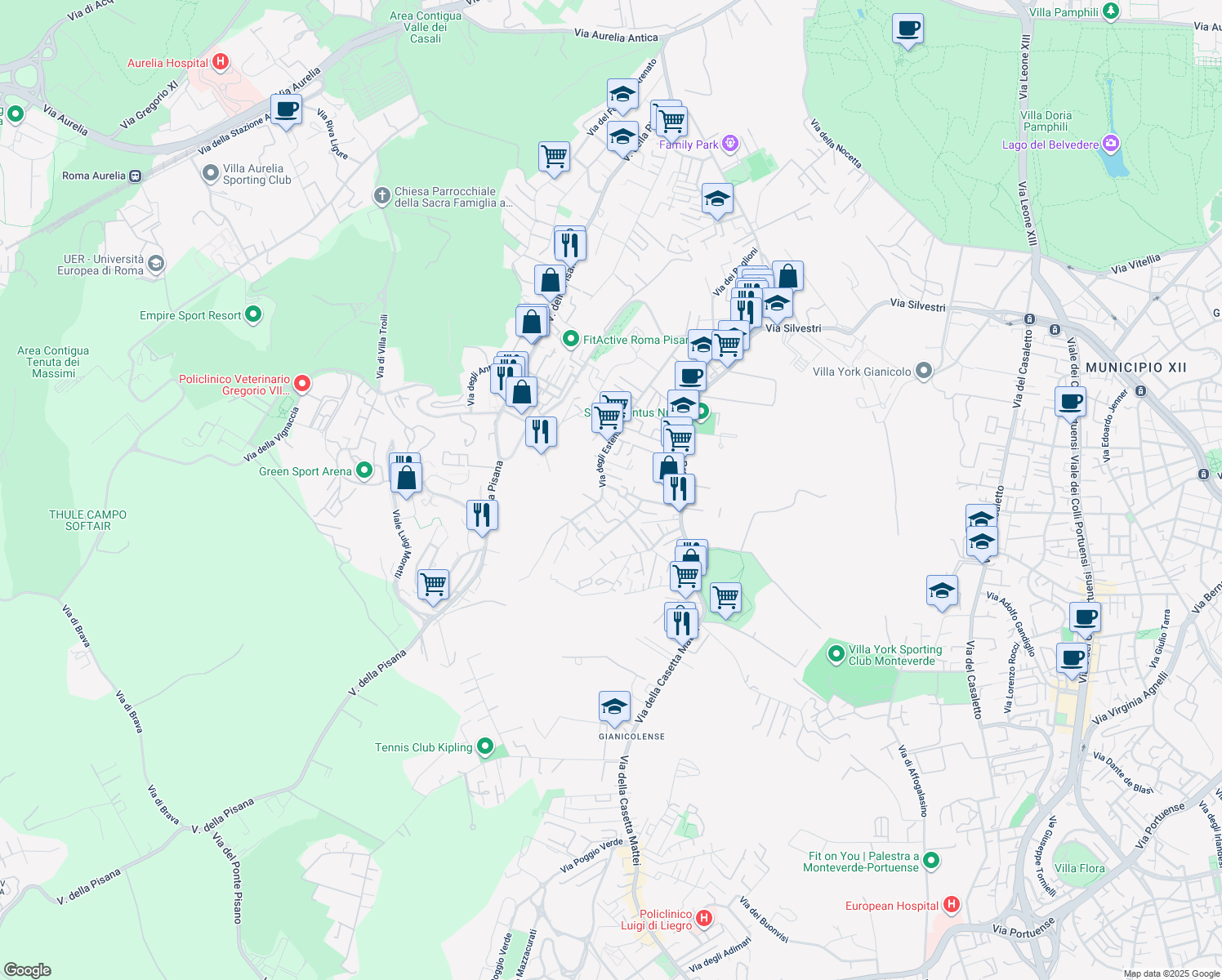 map of restaurants, bars, coffee shops, grocery stores, and more near 10 Via dei Macarani in Roma