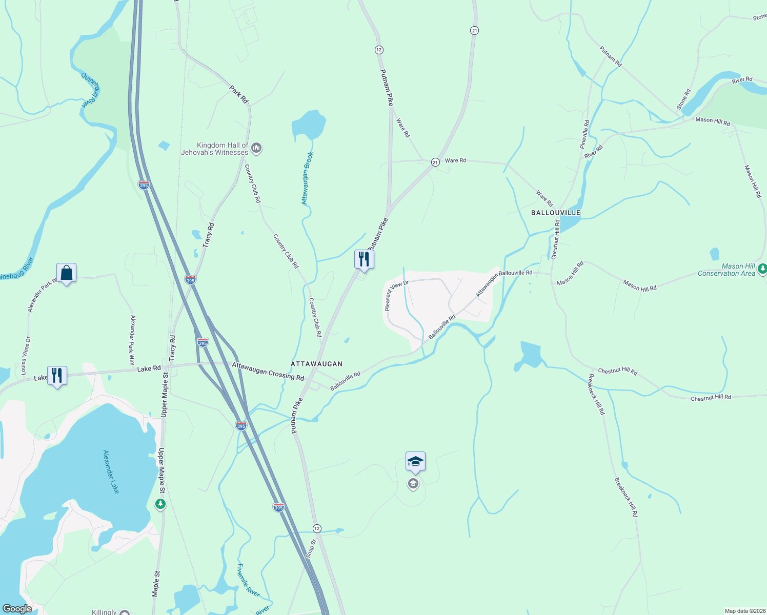 map of restaurants, bars, coffee shops, grocery stores, and more near 104 Pleasant View Drive in Killingly