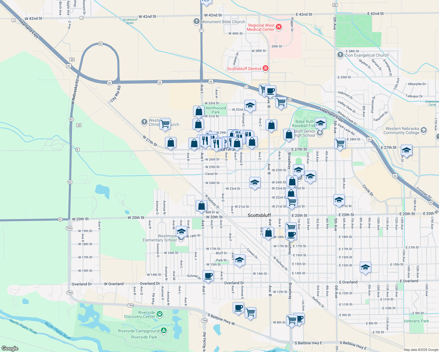 map of restaurants, bars, coffee shops, grocery stores, and more near 718 Canal St in Scottsbluff