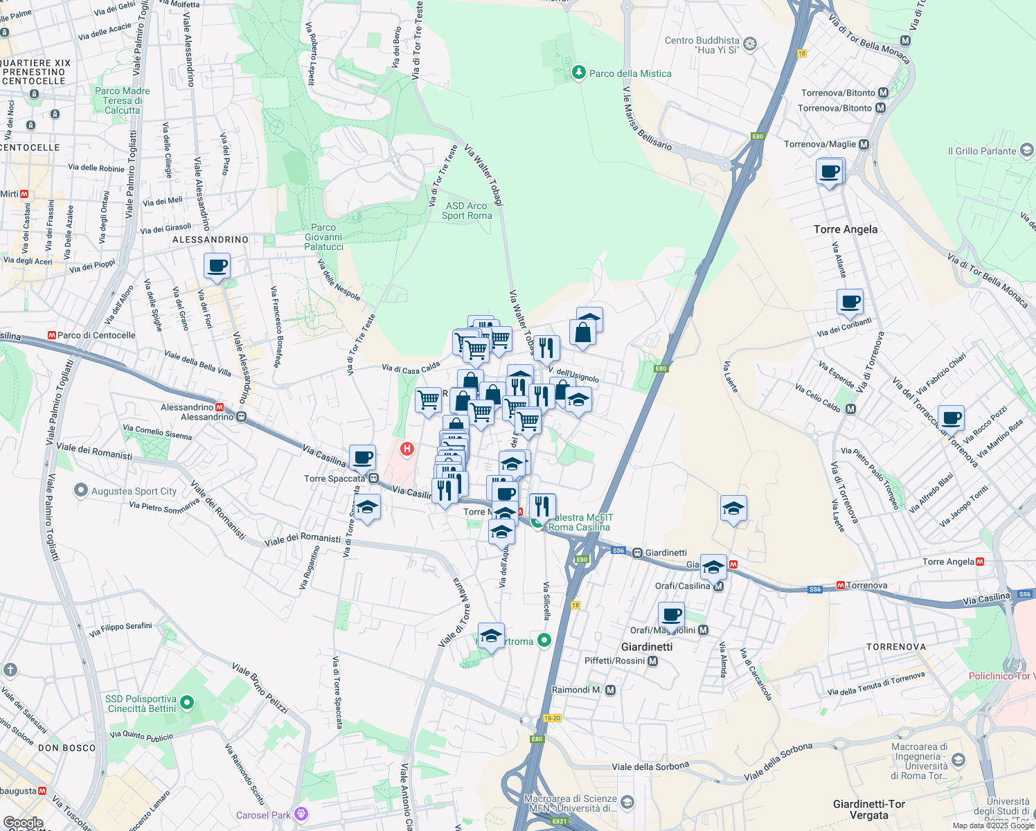 map of restaurants, bars, coffee shops, grocery stores, and more near 99-101 Via del Fringuello in Rome