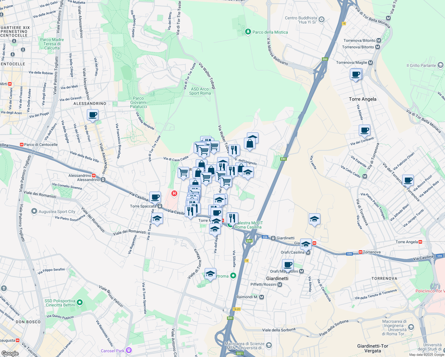 map of restaurants, bars, coffee shops, grocery stores, and more near 101 Via del Fringuello in Roma