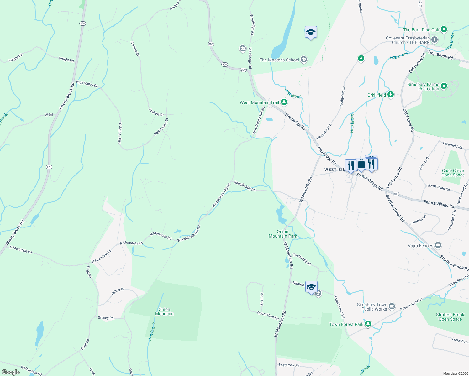 map of restaurants, bars, coffee shops, grocery stores, and more near 72 Woodchuck Hill Road in Simsbury