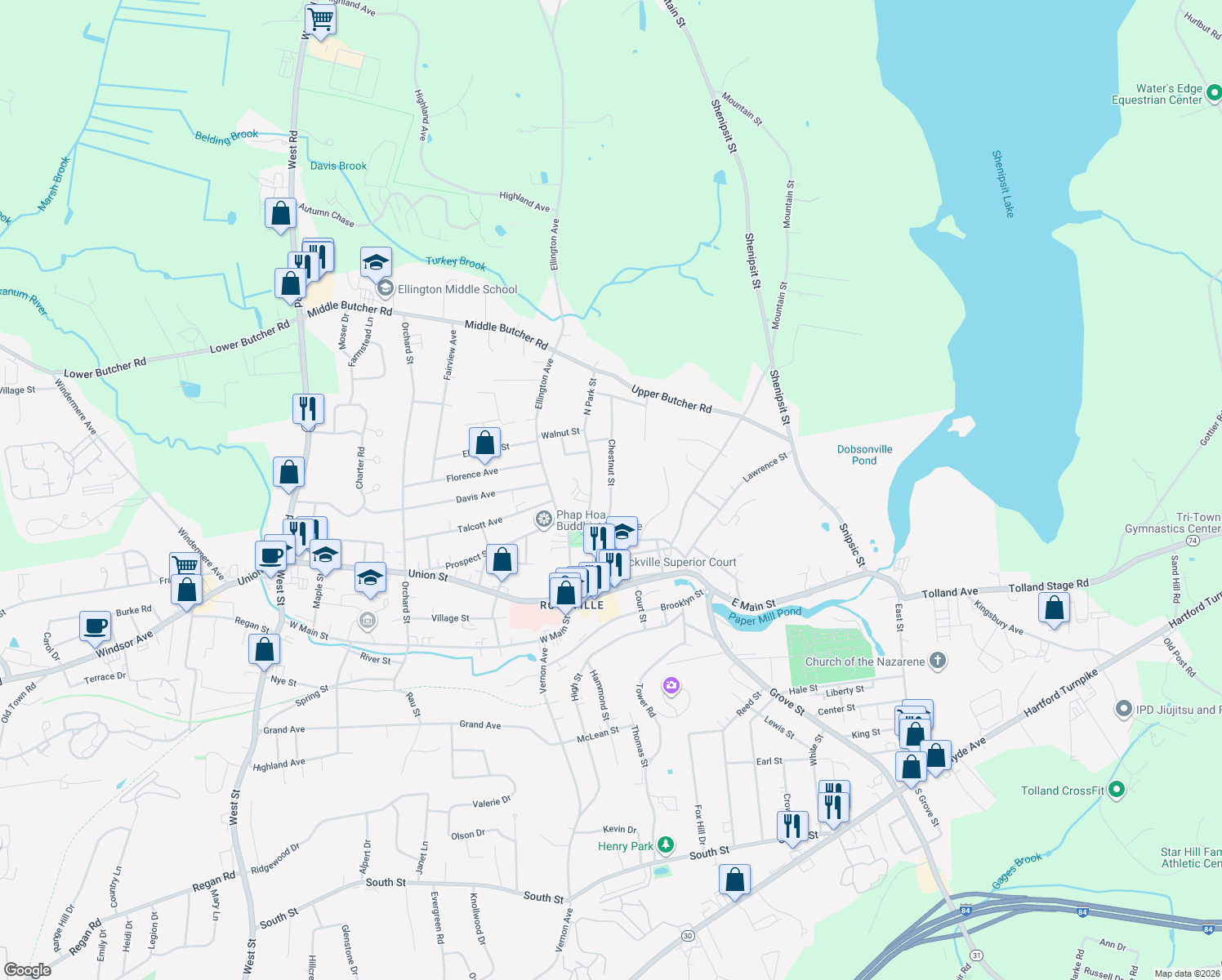 map of restaurants, bars, coffee shops, grocery stores, and more near 29 Chestnut Street in Ellington