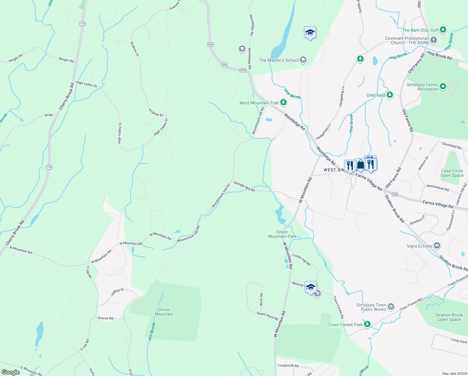 map of restaurants, bars, coffee shops, grocery stores, and more near 72 Woodchuck Hill Road in Simsbury