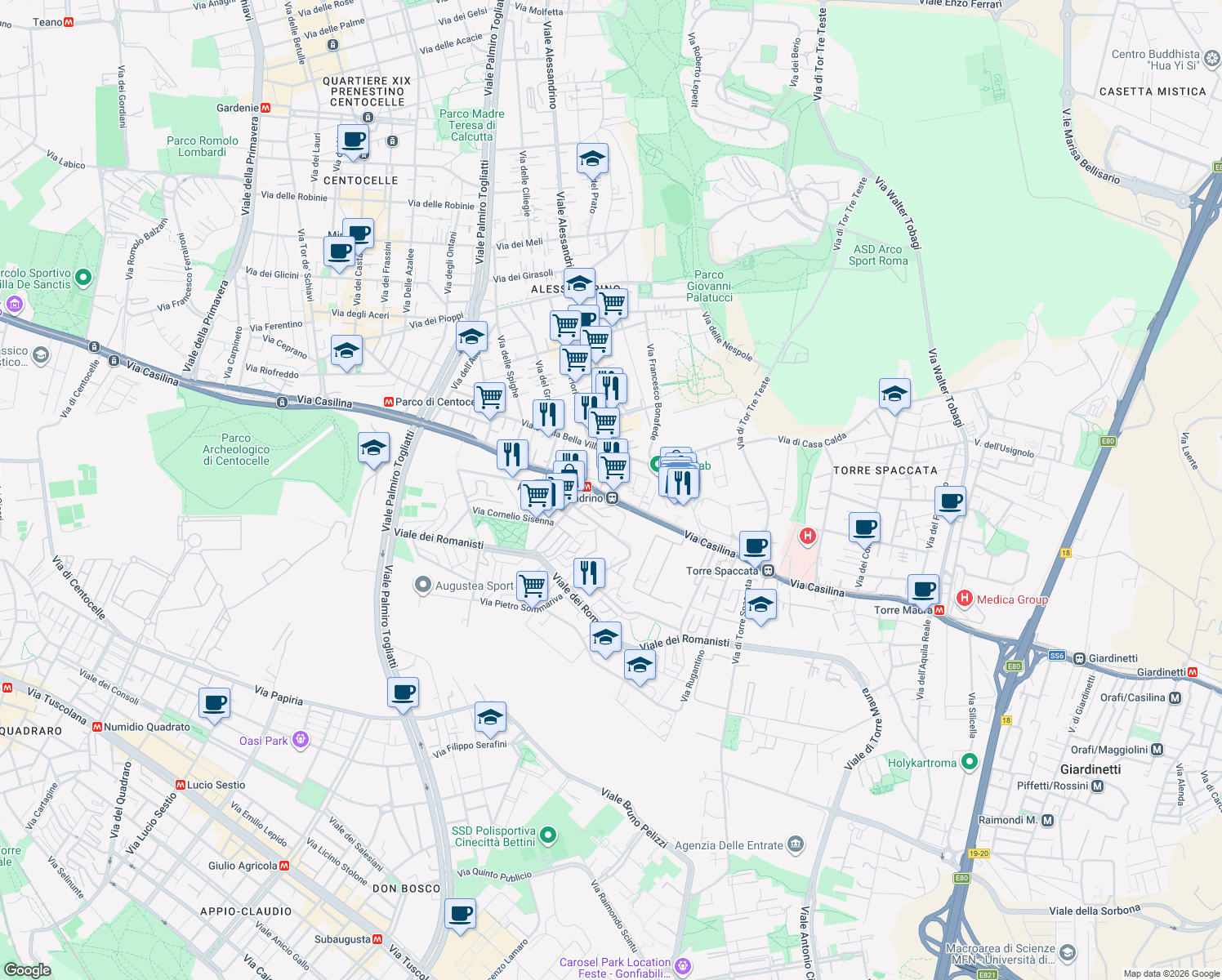 map of restaurants, bars, coffee shops, grocery stores, and more near in Rome