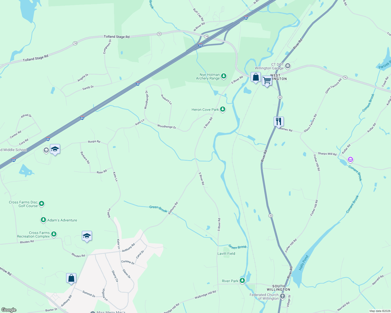 map of restaurants, bars, coffee shops, grocery stores, and more near 175 South River Road in Tolland