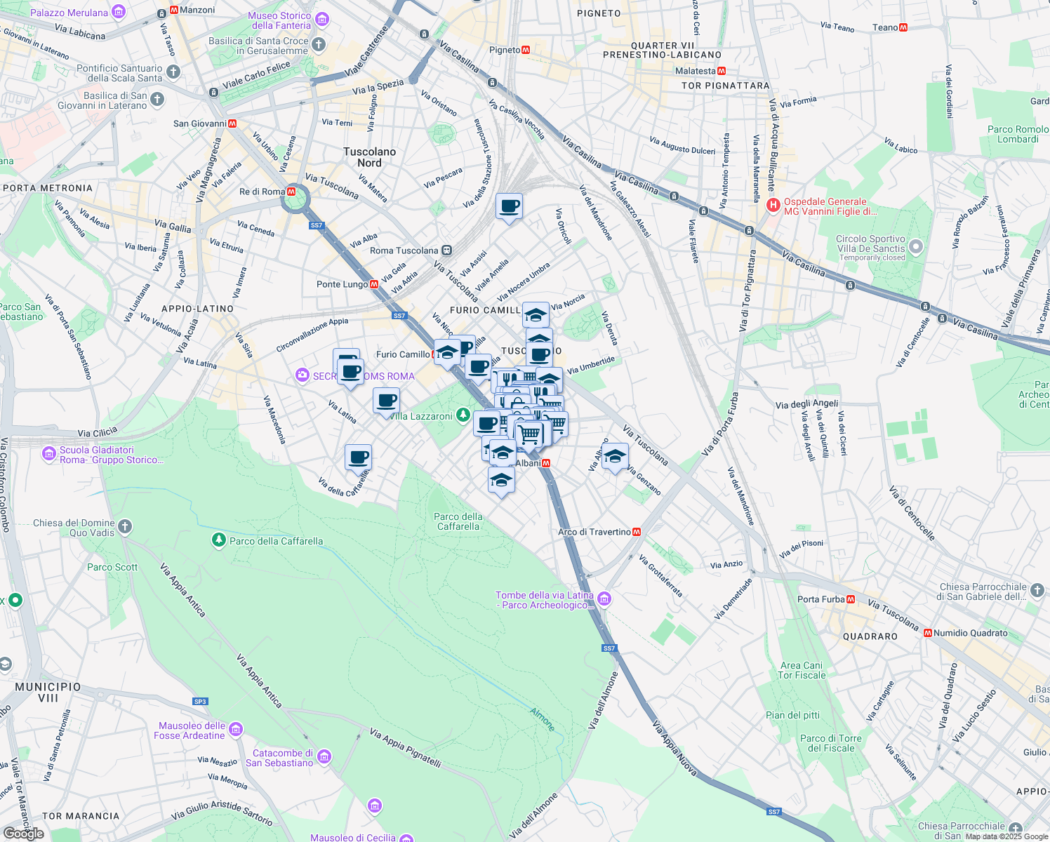 map of restaurants, bars, coffee shops, grocery stores, and more near 566 Via Appia Nuova in Roma