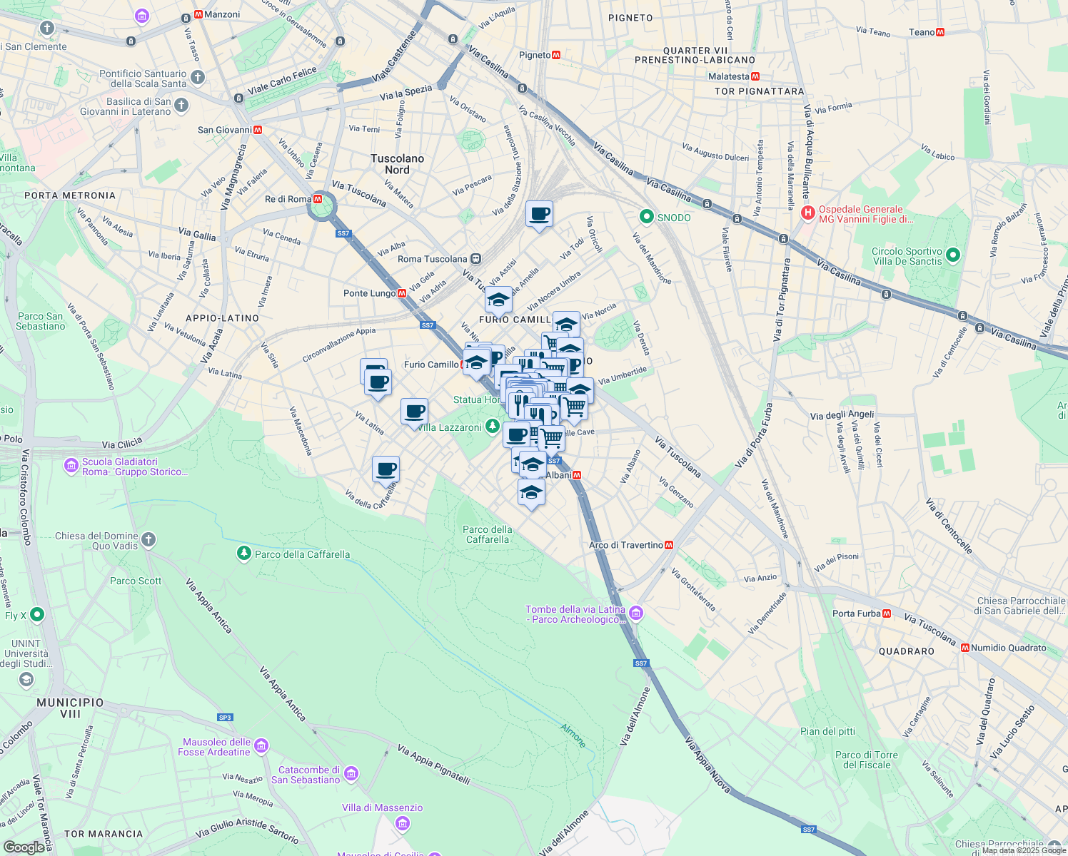 map of restaurants, bars, coffee shops, grocery stores, and more near 30 Via Turno in Rome