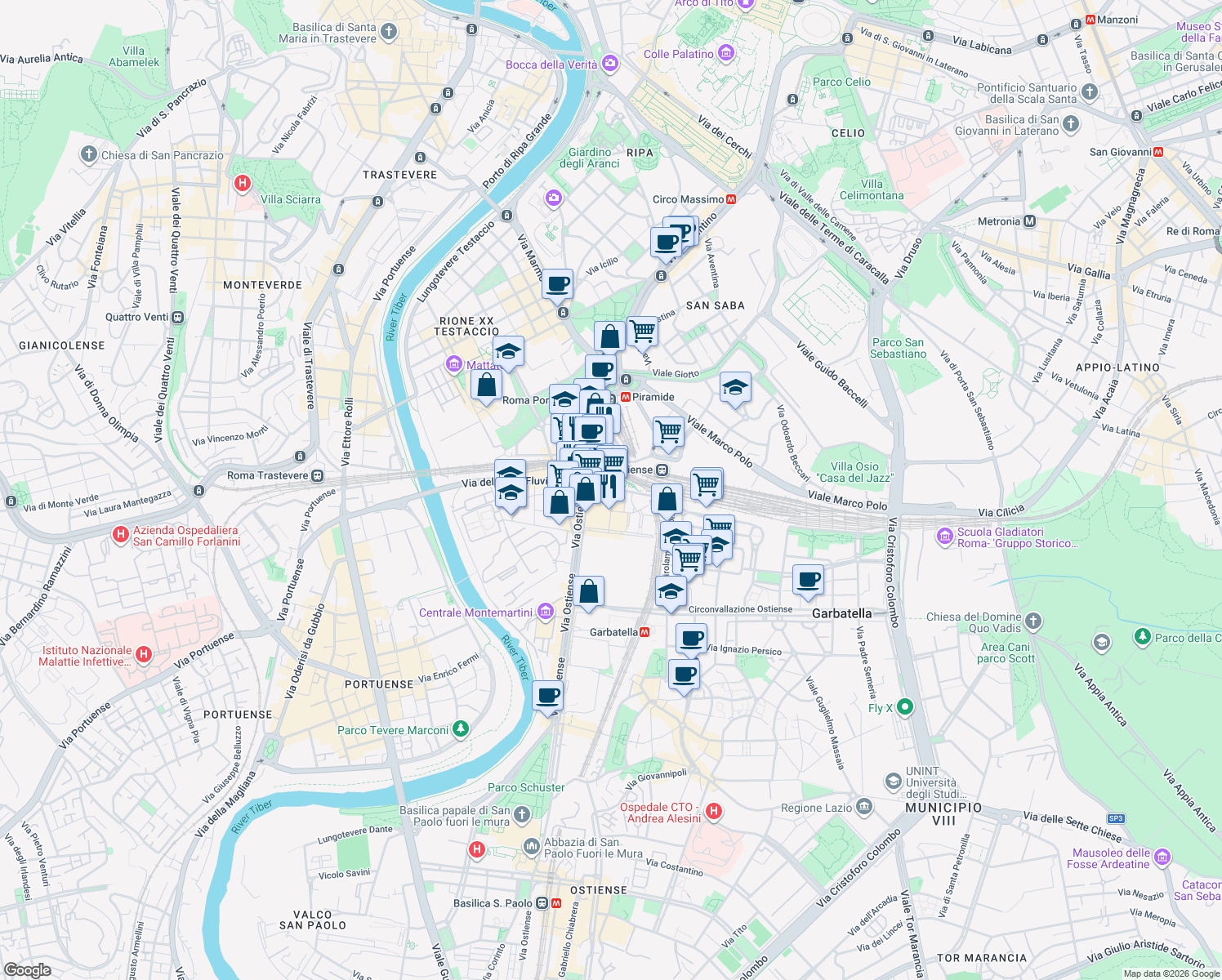 map of restaurants, bars, coffee shops, grocery stores, and more near 39 Via Pellegrino Matteucci in Rome