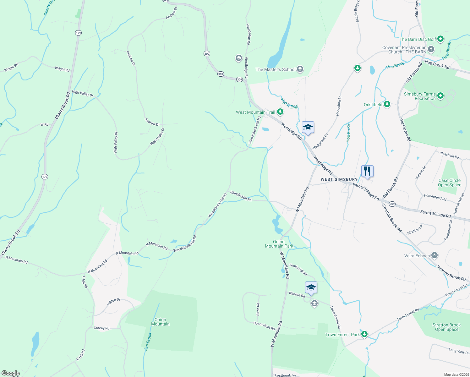 map of restaurants, bars, coffee shops, grocery stores, and more near 66 Woodchuck Hill Road in Simsbury
