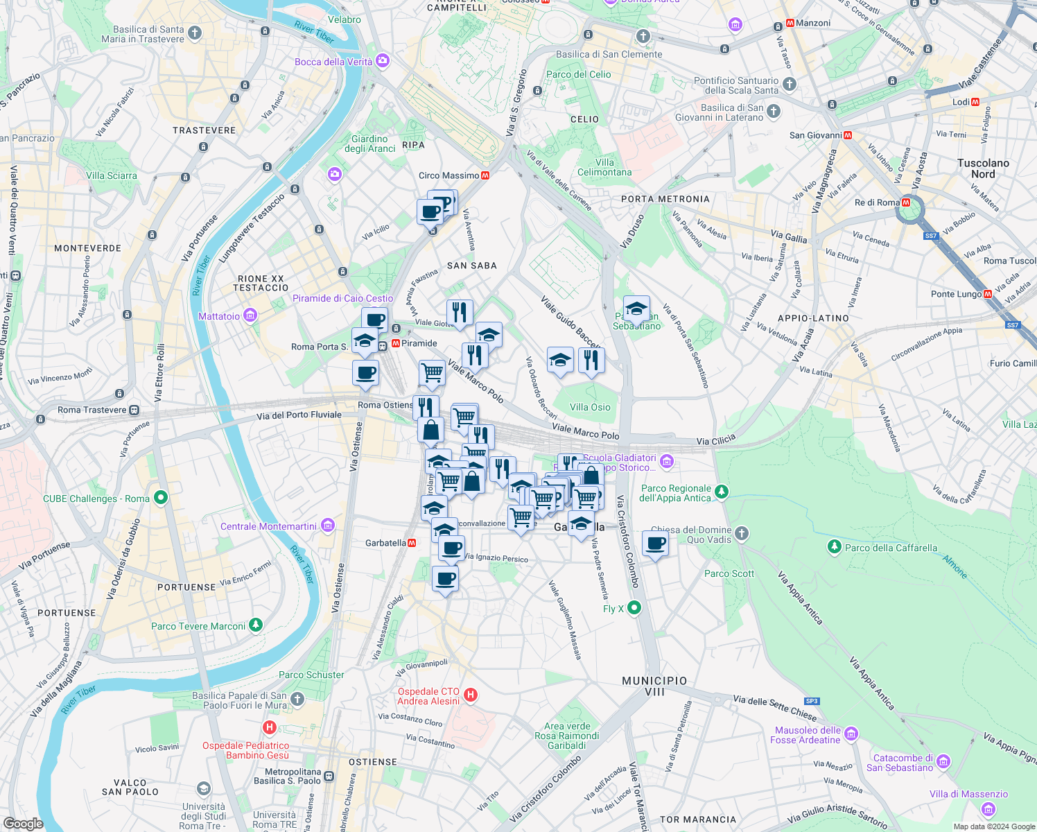 map of restaurants, bars, coffee shops, grocery stores, and more near in Roma