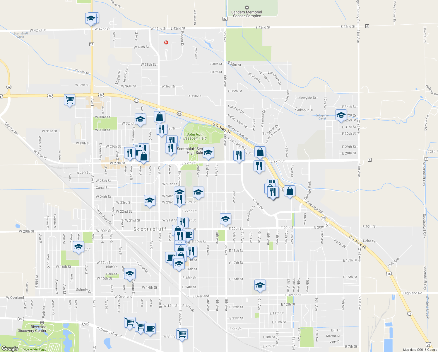 map of restaurants, bars, coffee shops, grocery stores, and more near 410 East 26th Street in Scottsbluff
